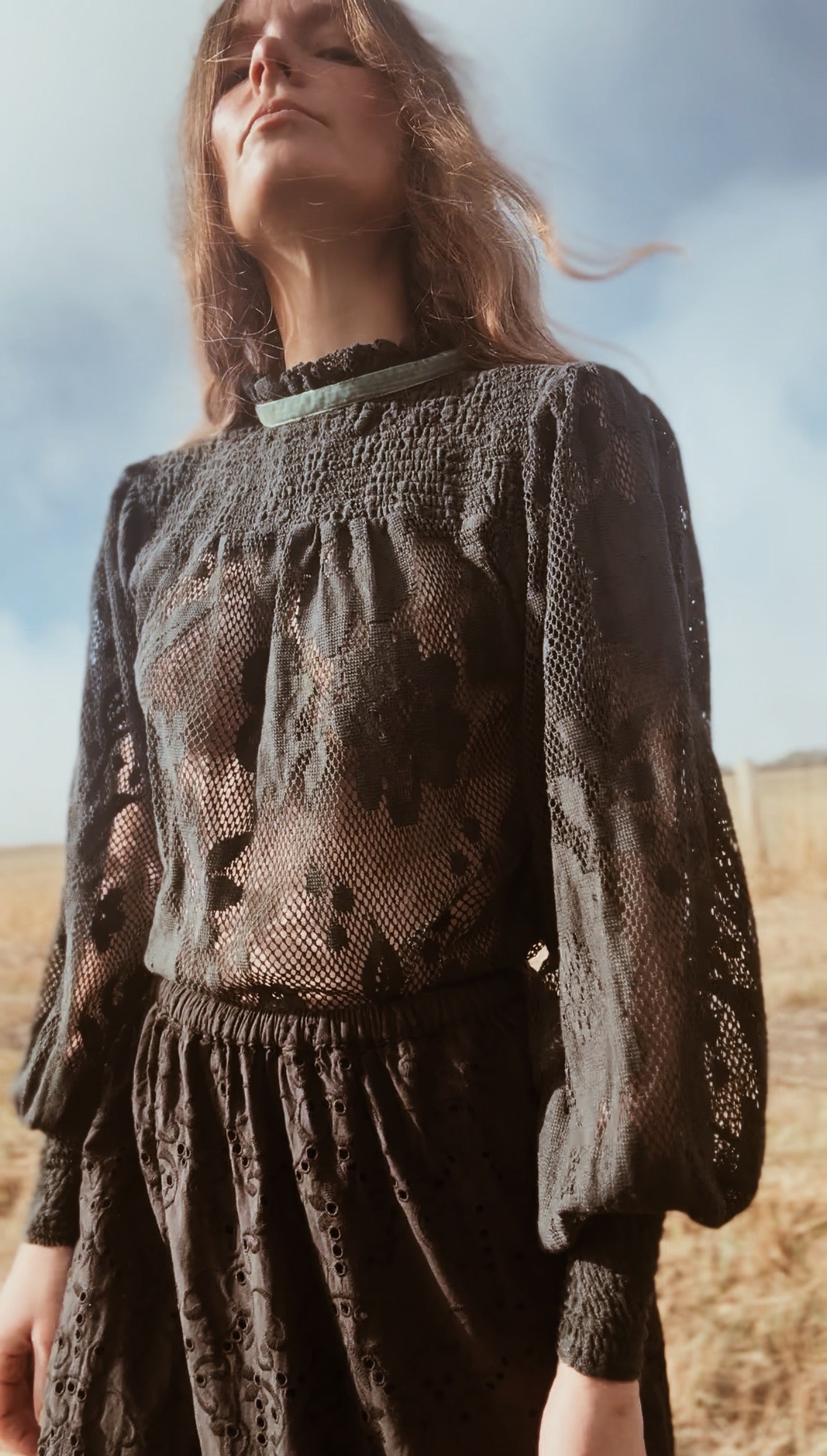 CELESTE CROCHET COTTON BLOUSE BLACK