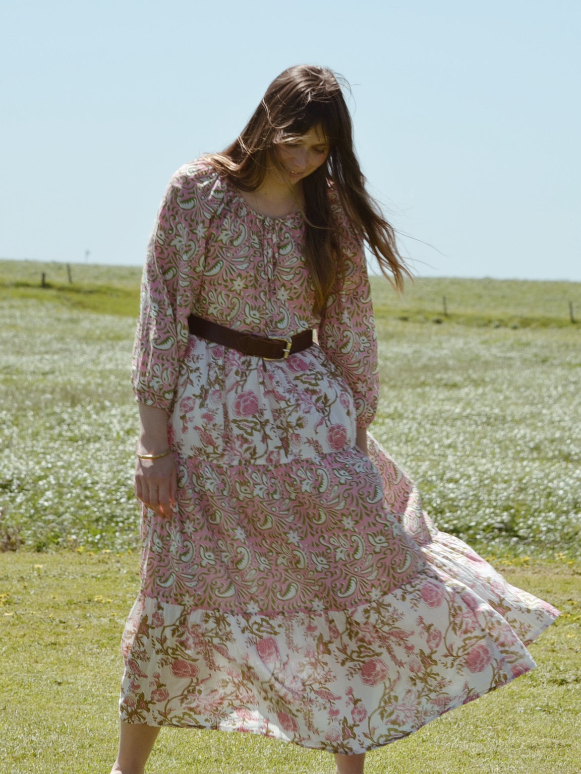 REWORKED - ONE OF A KIND PRU DRESS HAND BLOCK PINK FLORAL - SMALL - MEDIUM