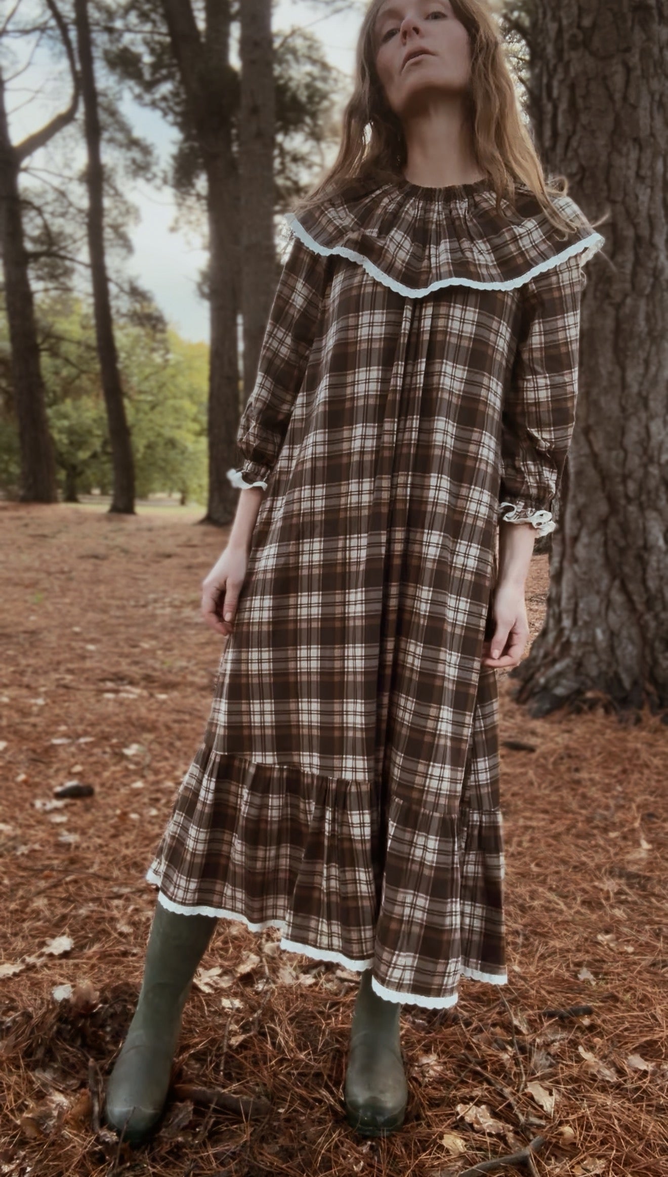 HETTIE SMOCK DRESS BROWN PLAID CHECK