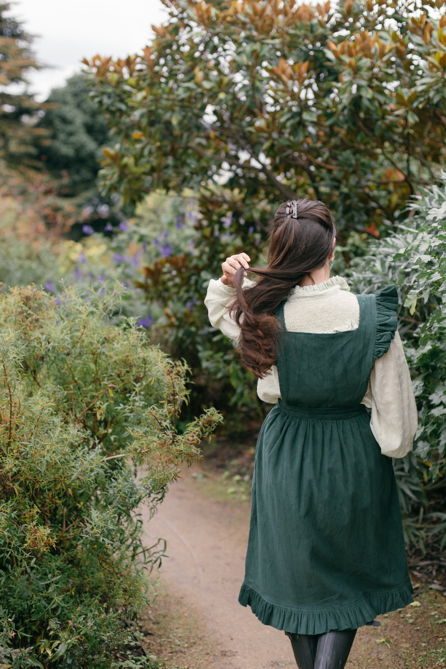 100% RECYCLED COTTON - ANOUK RUFFLE PINAFORE/SKIRT CORDUROY FOREST GREEN