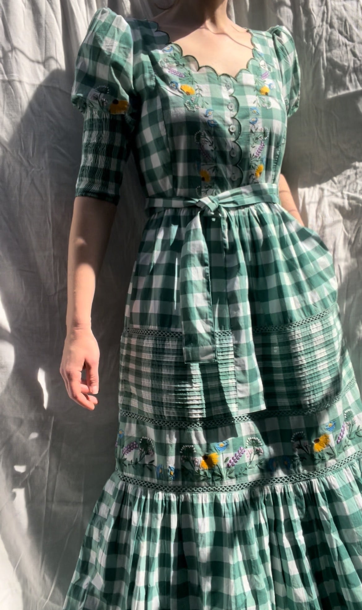 100% RECYCLED COTTON - AUGUSTINE MAXI DRESS GREEN GINGHAM GARDEN