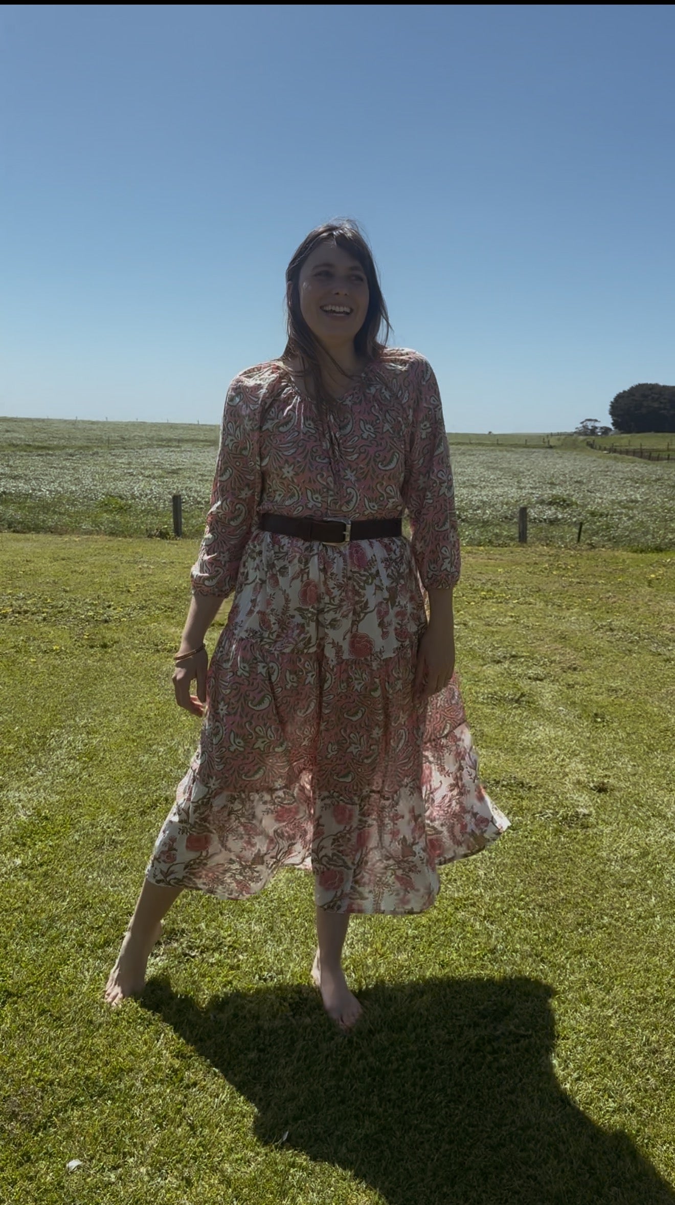 REWORKED - ONE OF A KIND PRU DRESS HAND BLOCK PINK FLORAL - SMALL - MEDIUM