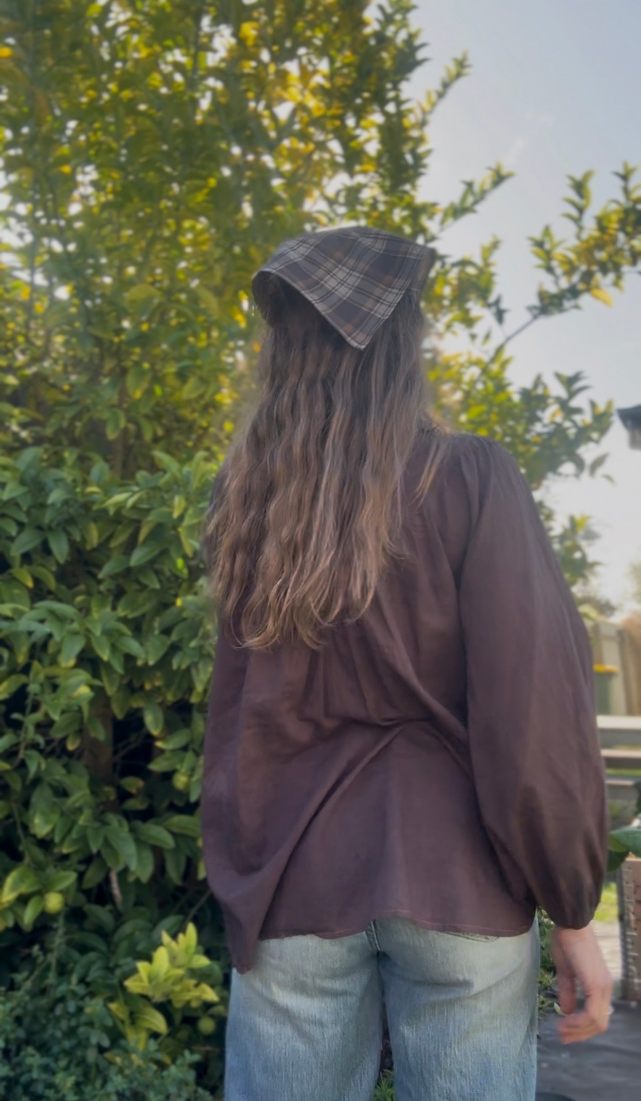 REWORKED - BROWN CHECK PLAID COTTON HEAD SCARF