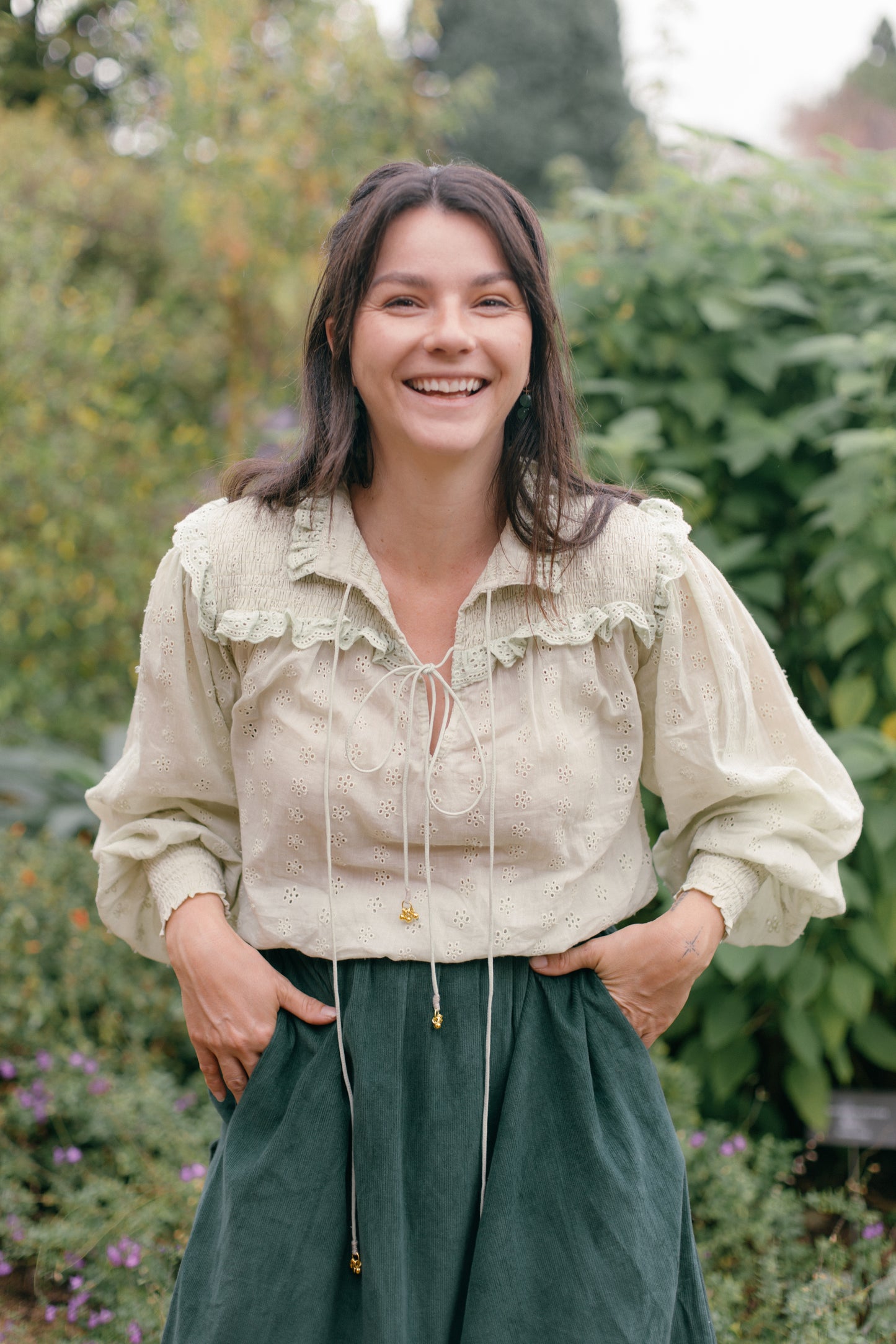 100% RECYCLED COTTON - ANOUK RUFFLE PINAFORE/SKIRT CORDUROY FOREST GREEN
