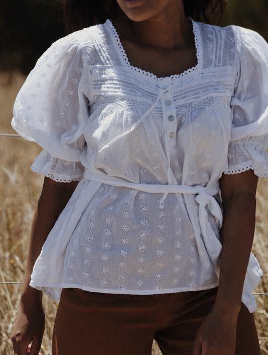100% RECYCLED COTTON - MORNING SONG HAND SMOCKED BLOUSE WHITE
