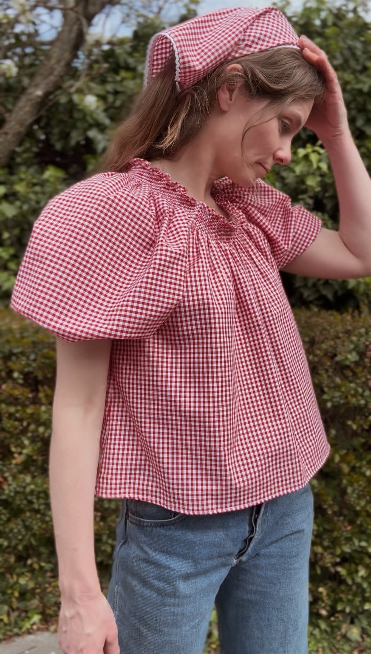 RED COTTON GINGHAM HEAD SCARF