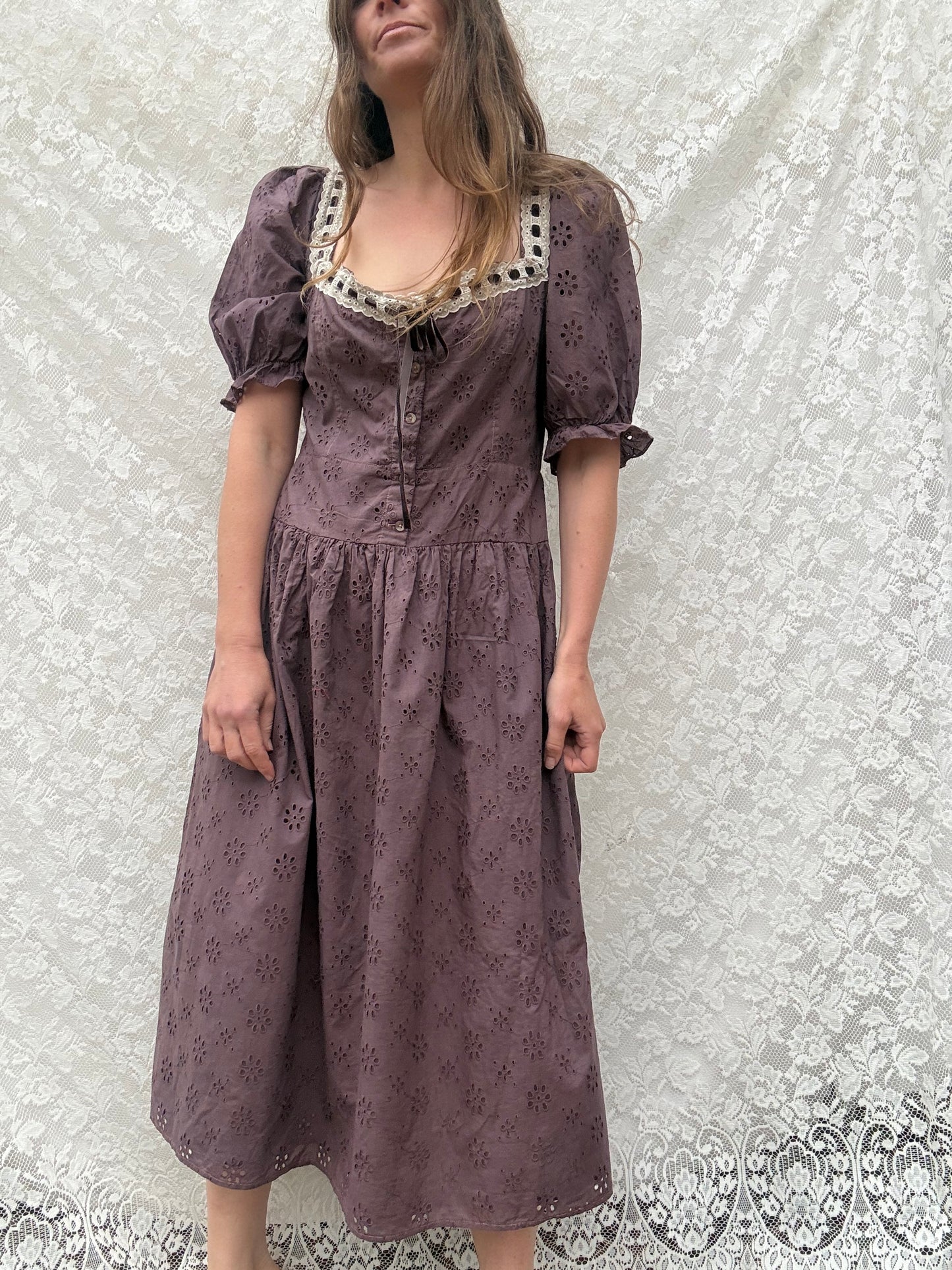 REWORKED - EGGPLANT BRODERIE COTTON DRESS 12-14