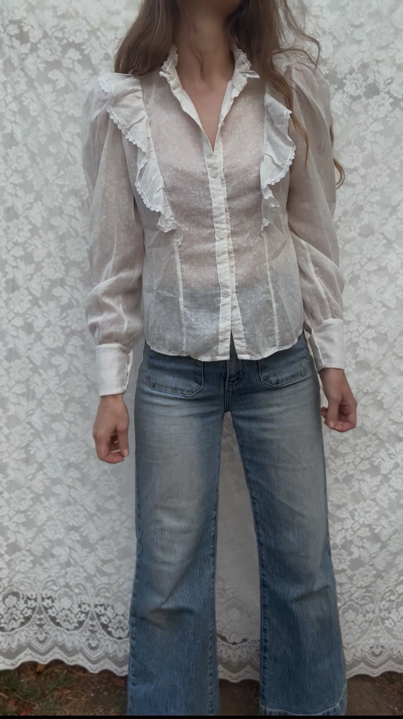 VINTAGE RUFFLE BLOUSE OFF WHITE XS