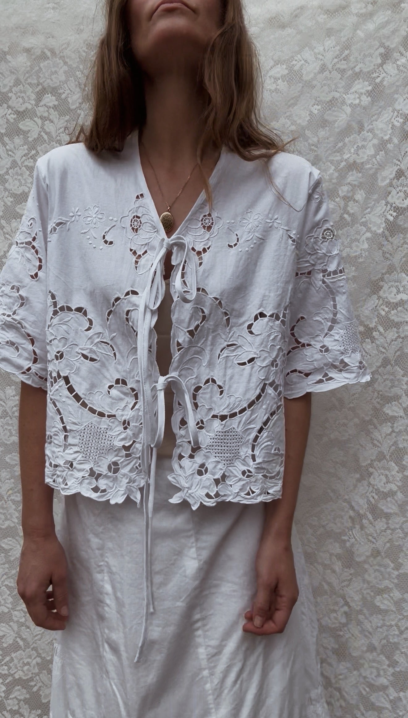 REWORKED TIE FRONT BLOUSE OR CAPELET WHITE