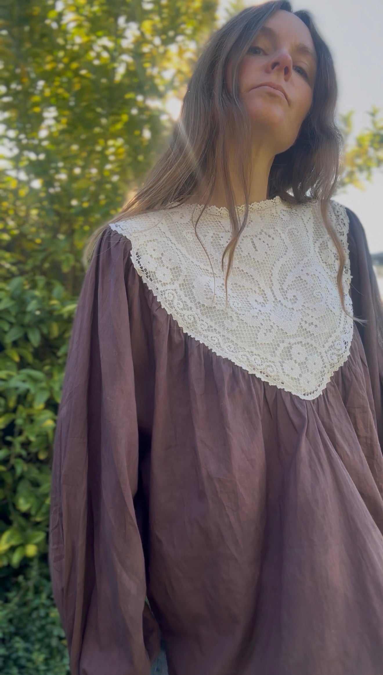 ONE OF A KIND SMOCK REWORKED BLOUSE BROWN WITH FILET LACE - XL