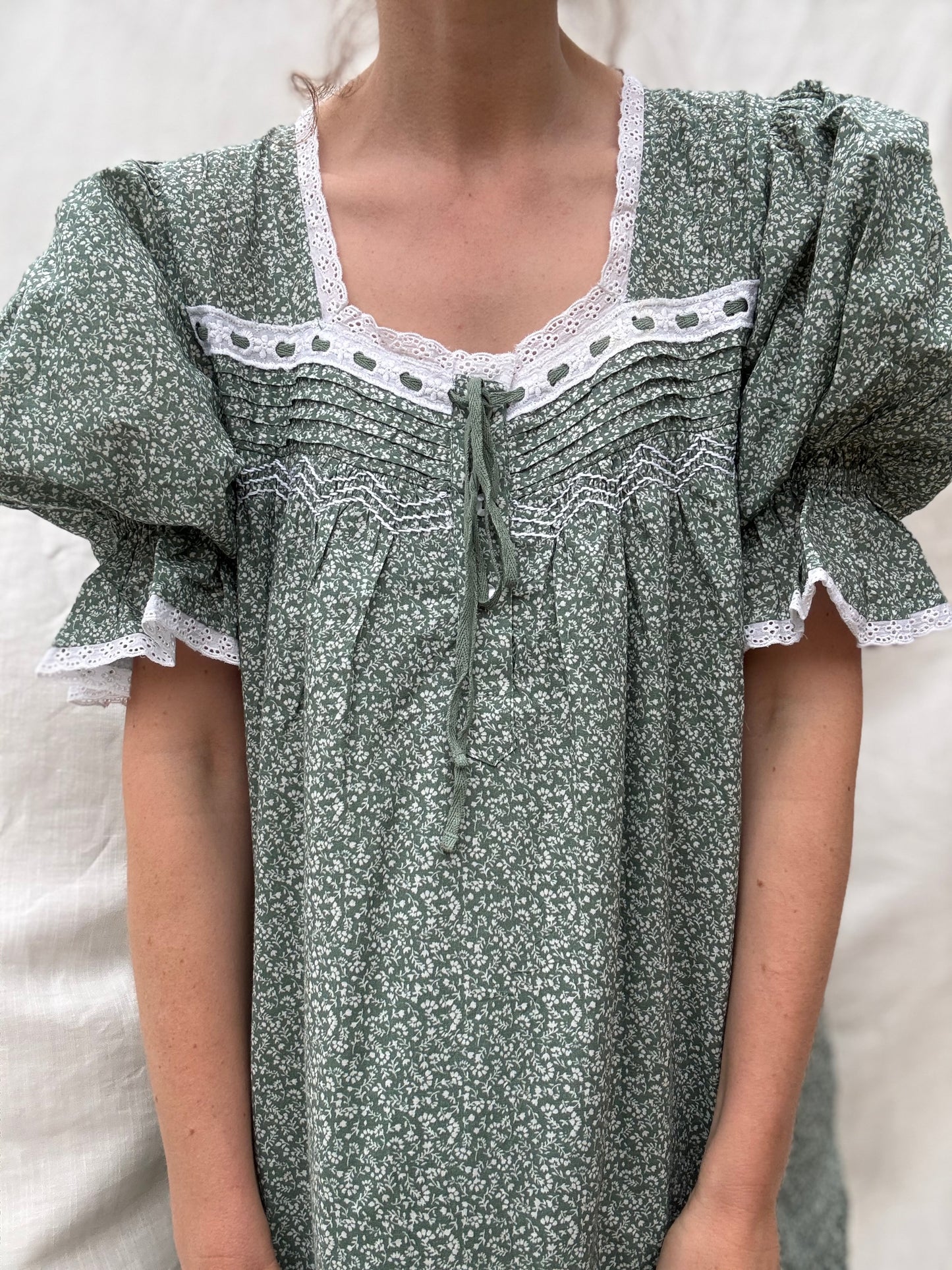 100% RECYCLED COTTON - MORNING SONG HAND SMOCKED TIERED DRESS - SAGE GREEN FLORAL