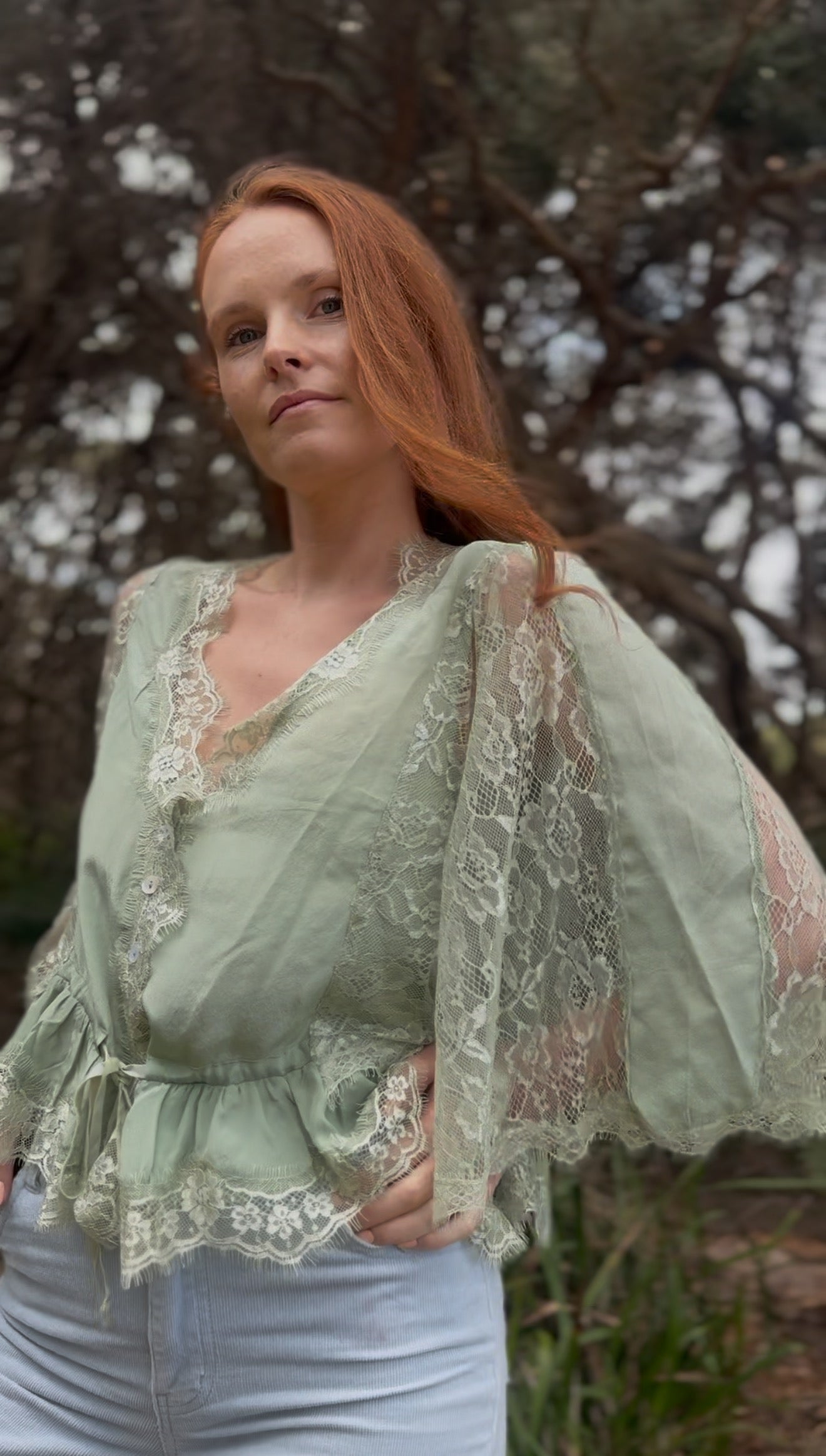 AMORET SILK CAPELET BLOUSE - SAGE