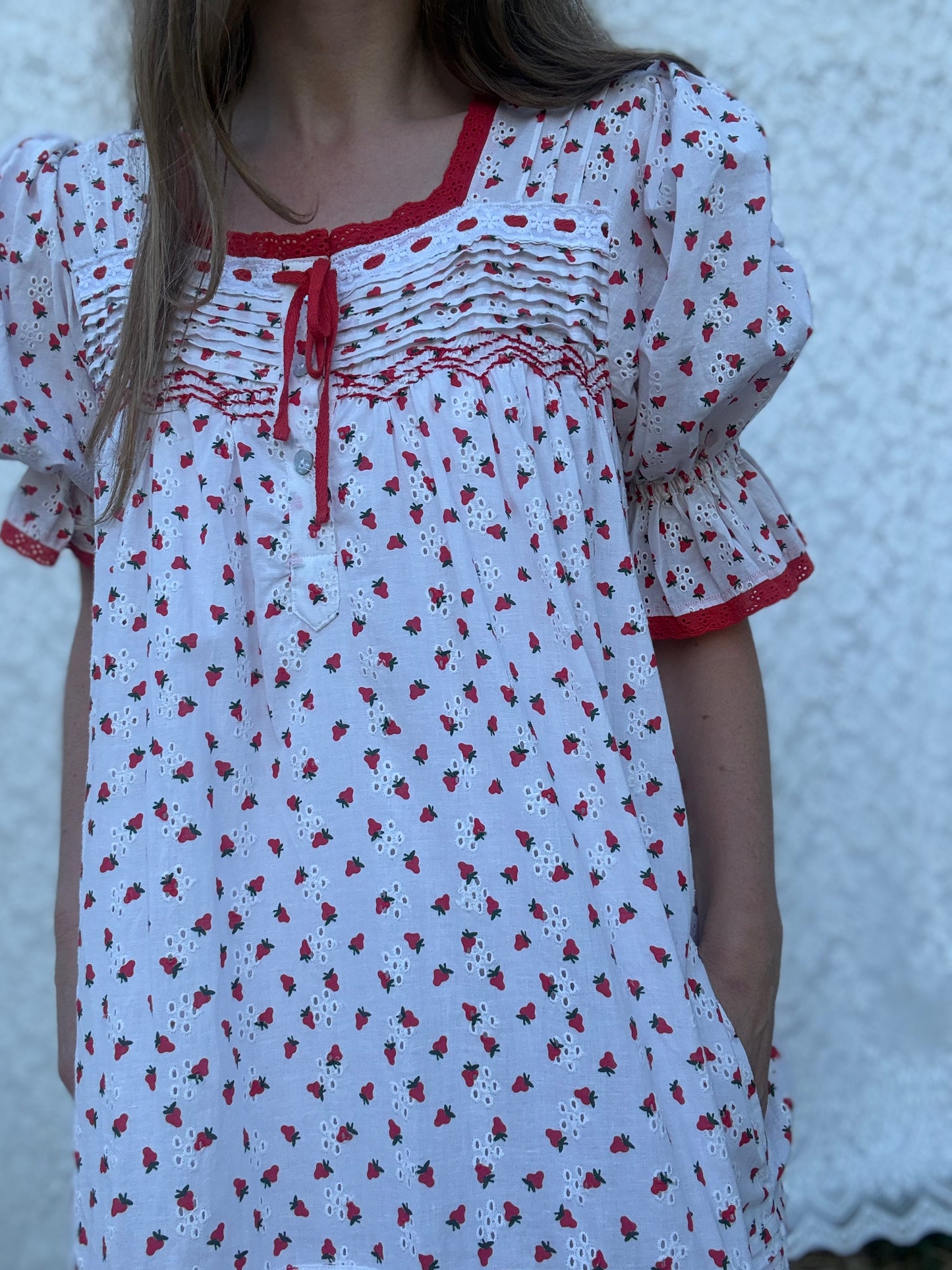 100% RECYCLED COTTON - MORNING SONG HAND SMOCKED TIERED DRESS - STRAWBERRY EMBROIDERED COTTON