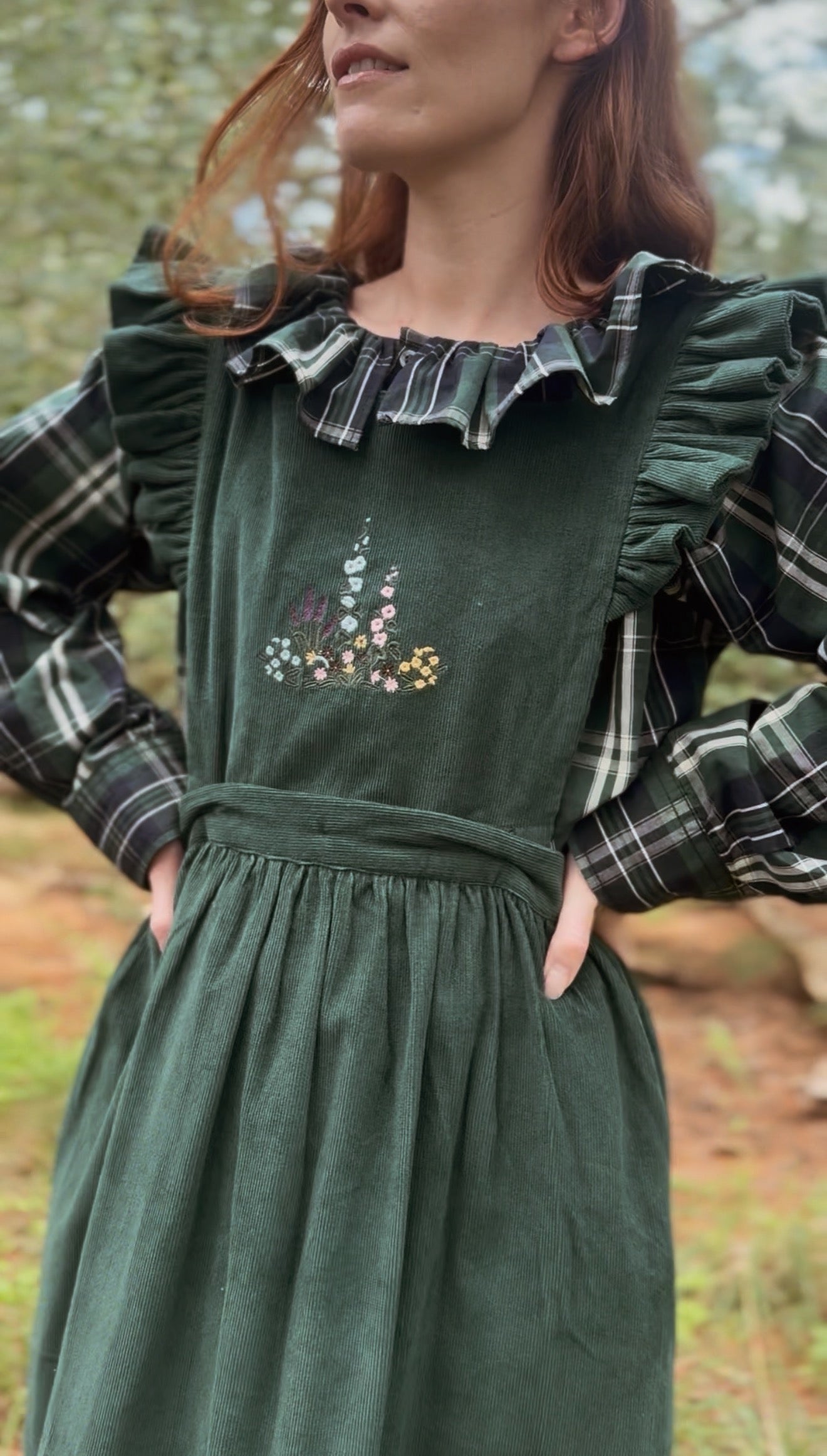 100% RECYCLED COTTON - ANOUK RUFFLE PINAFORE/SKIRT CORDUROY FOREST GREEN