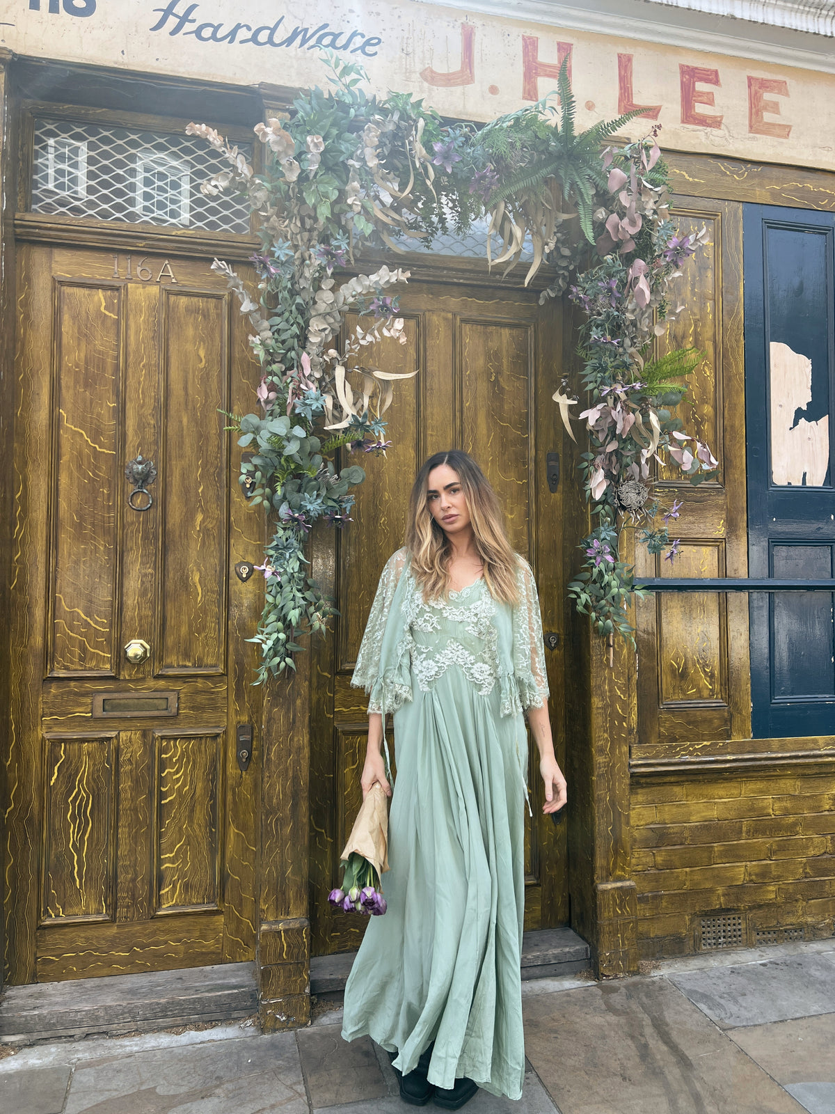 AURORA SILK & LACE DRESS - SAGE