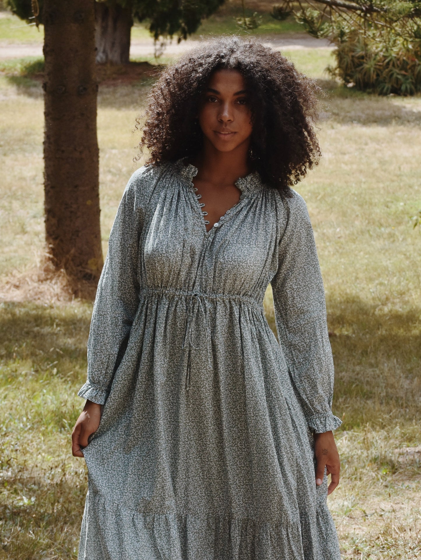 100% RECYCLED COTTON - PRAIRIE MAXI DRESS SAGE GREEN FLORAL