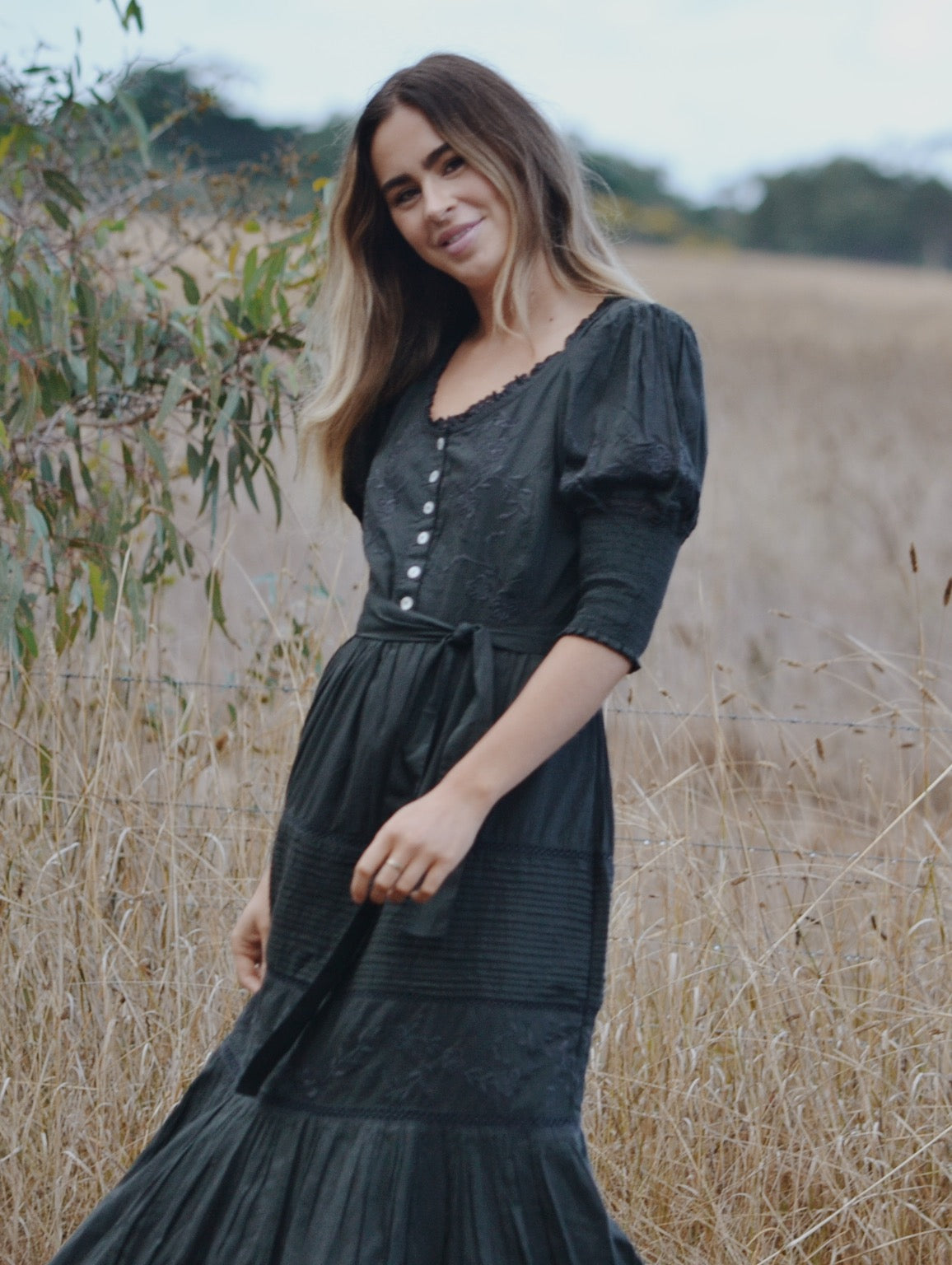 SECONDS - 100% RECYCLED COTTON - AUGUSTINE MAXI DRESS WASHED BLACK
