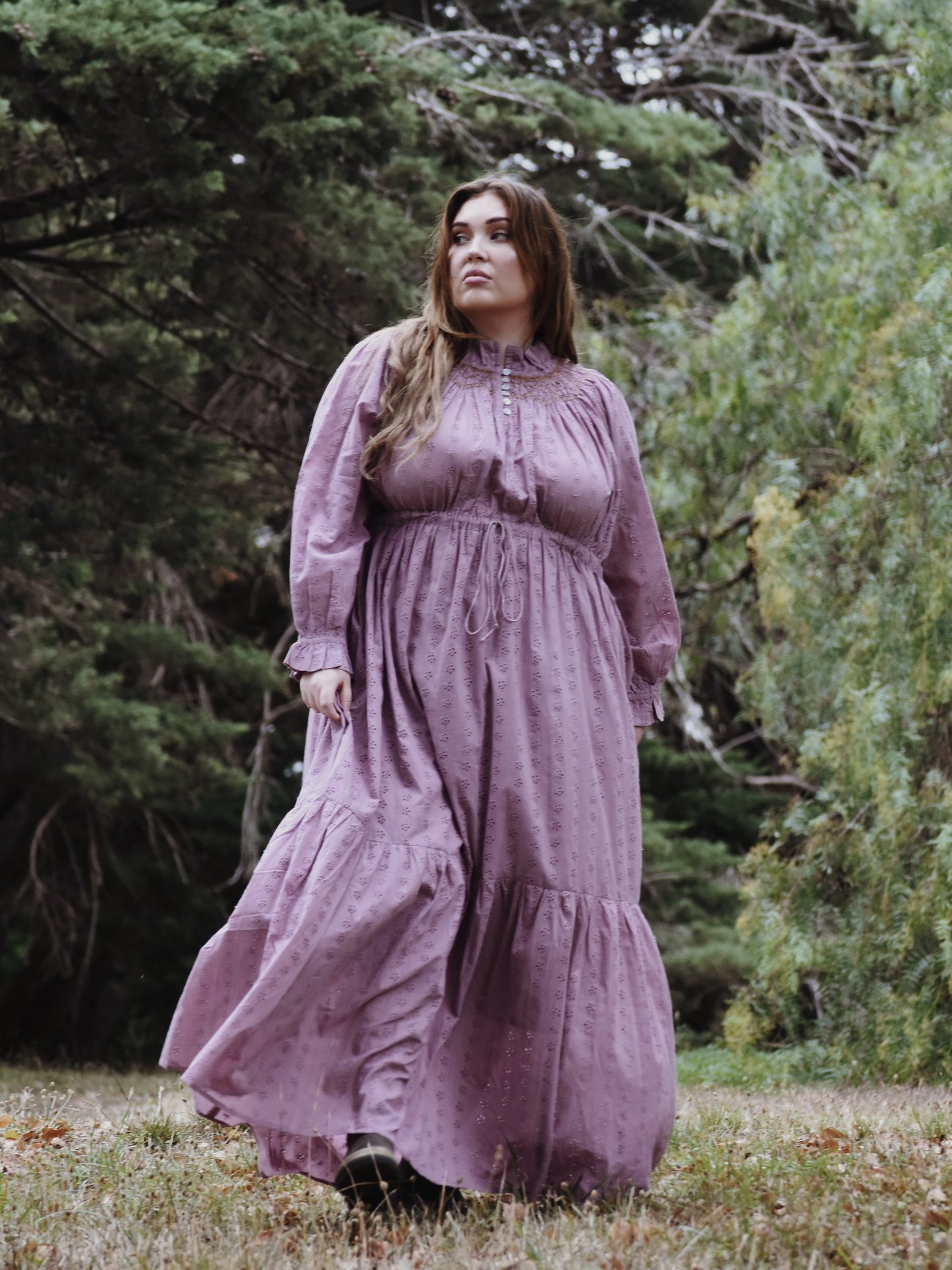 100% RECYCLED COTTON - PRAIRIE MAXI DRESS DUSTY LAVENDER LACE HAND SMOCKED