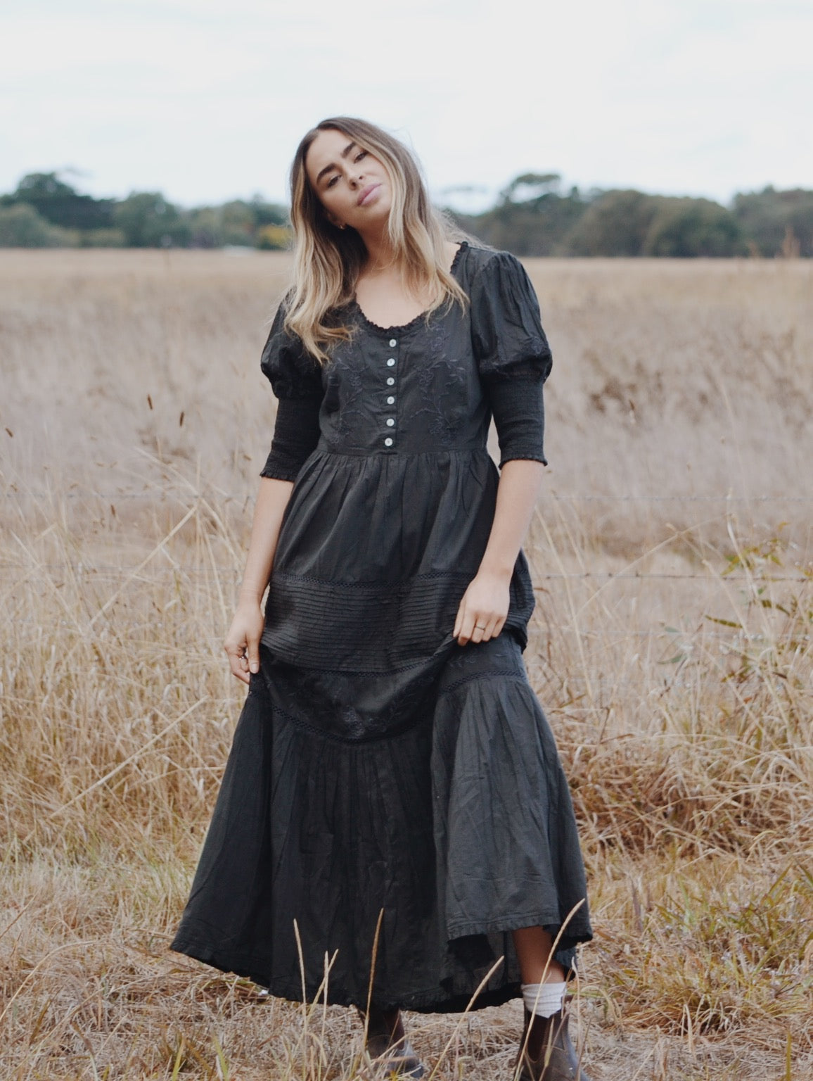 SECONDS - 100% RECYCLED COTTON - AUGUSTINE MAXI DRESS WASHED BLACK