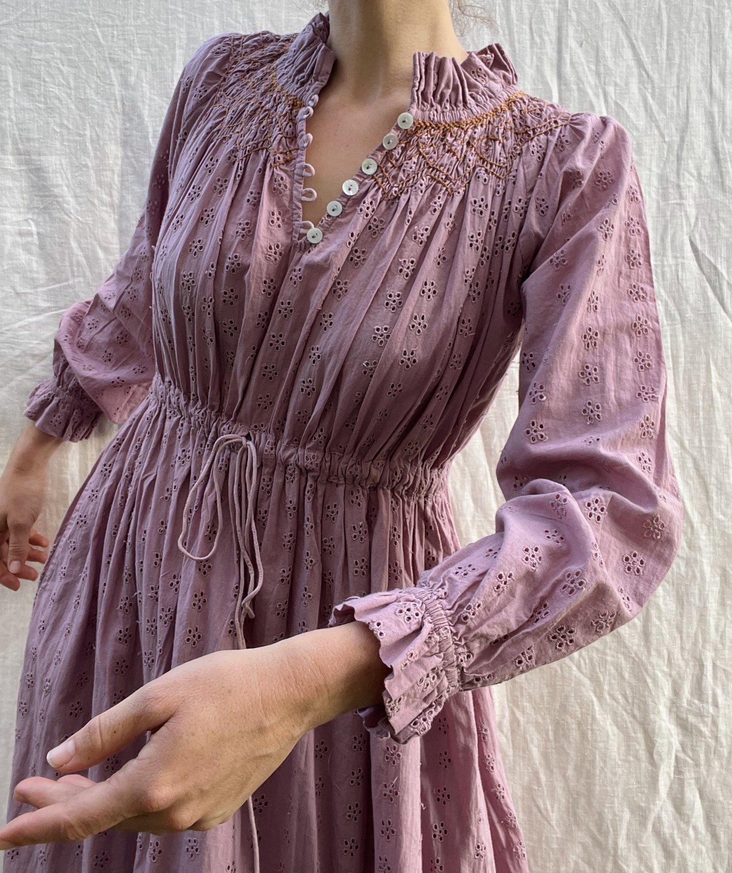 100% RECYCLED COTTON - PRAIRIE MAXI DRESS DUSTY LAVENDER LACE HAND SMOCKED