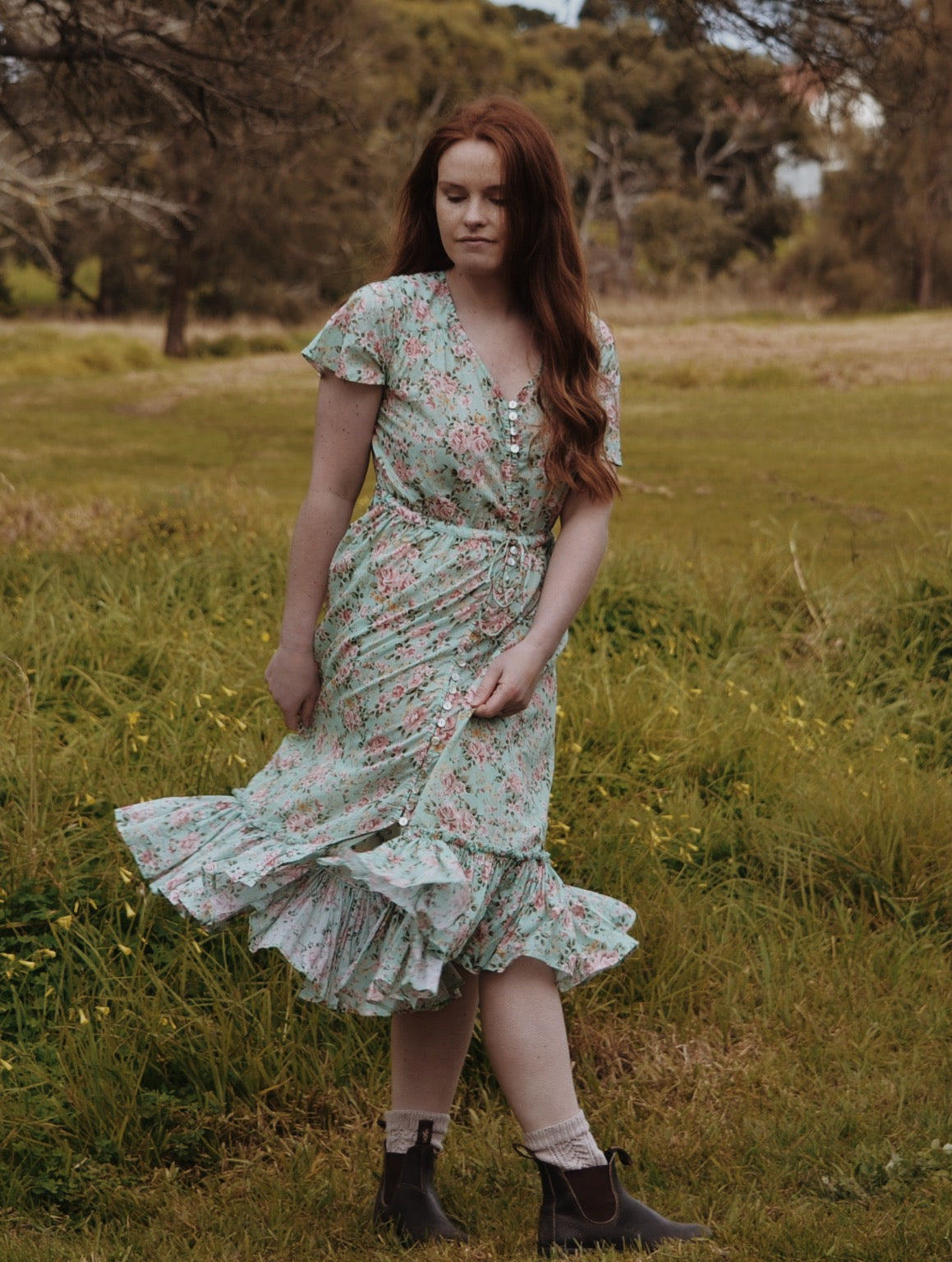 DULCIE DRESS ROSE FLORAL SEA FOAM