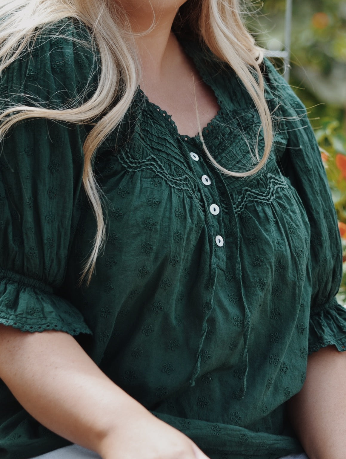 MORNING SONG HAND SMOCKED BLOUSE FOREST GREEN