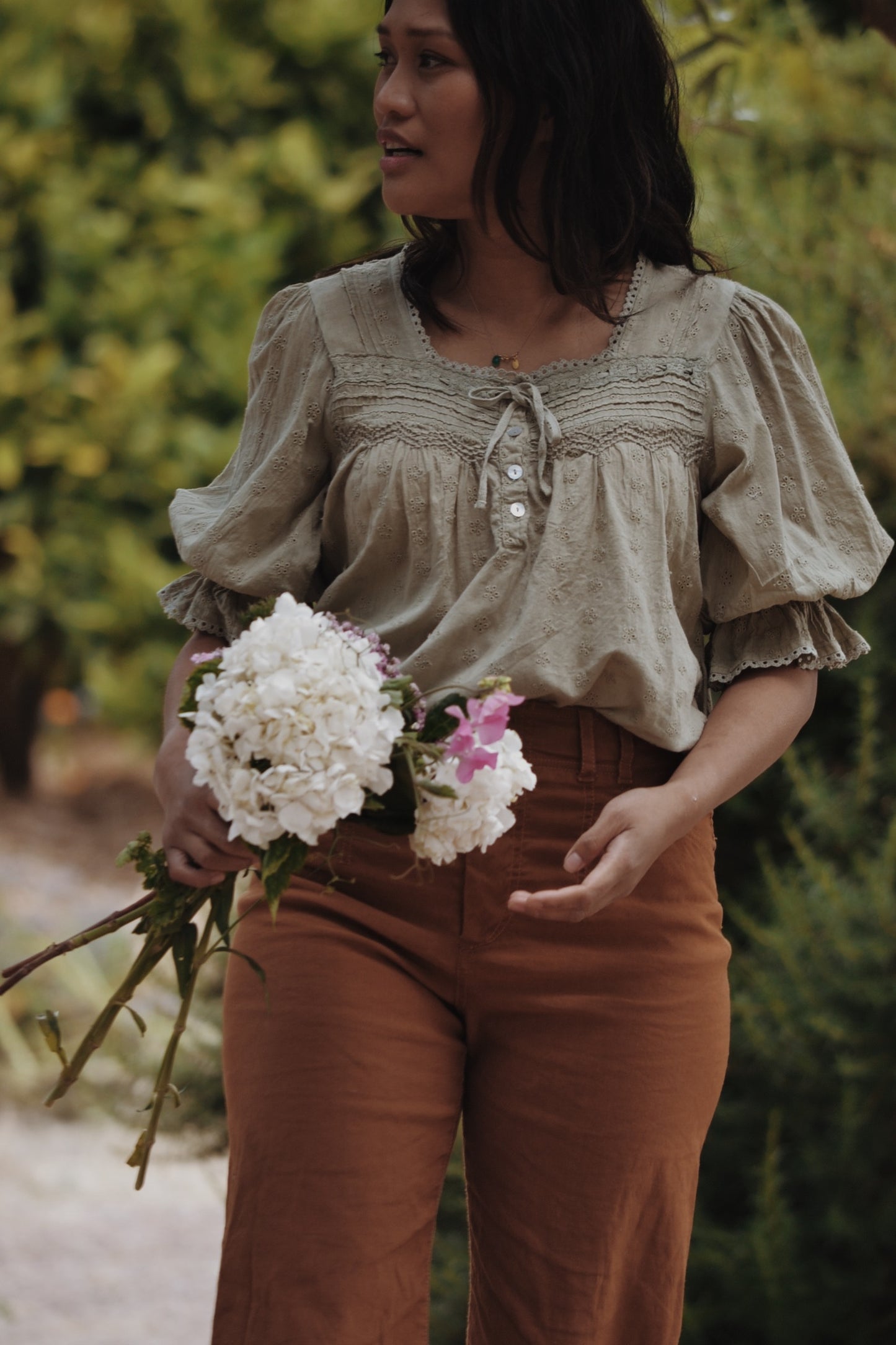 MORNING SONG HAND SMOCKED BLOUSE SAGE