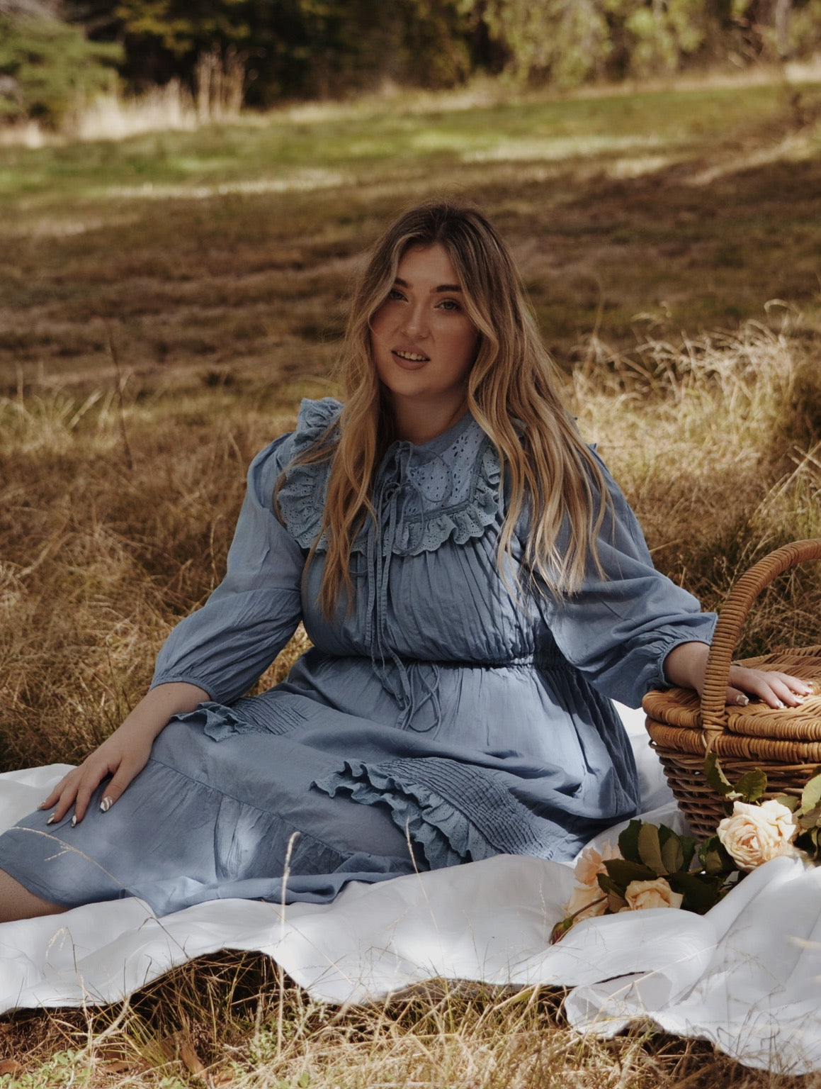 ABERDEEN DUSTY BLUE COTTON LACE DRESS