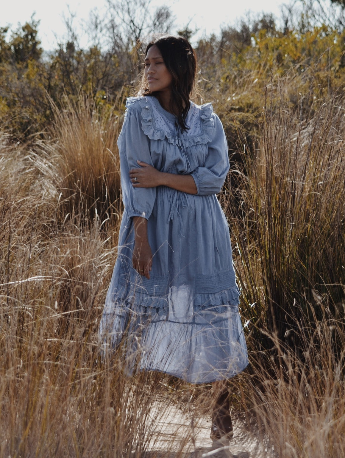 ABERDEEN DUSTY BLUE COTTON LACE DRESS