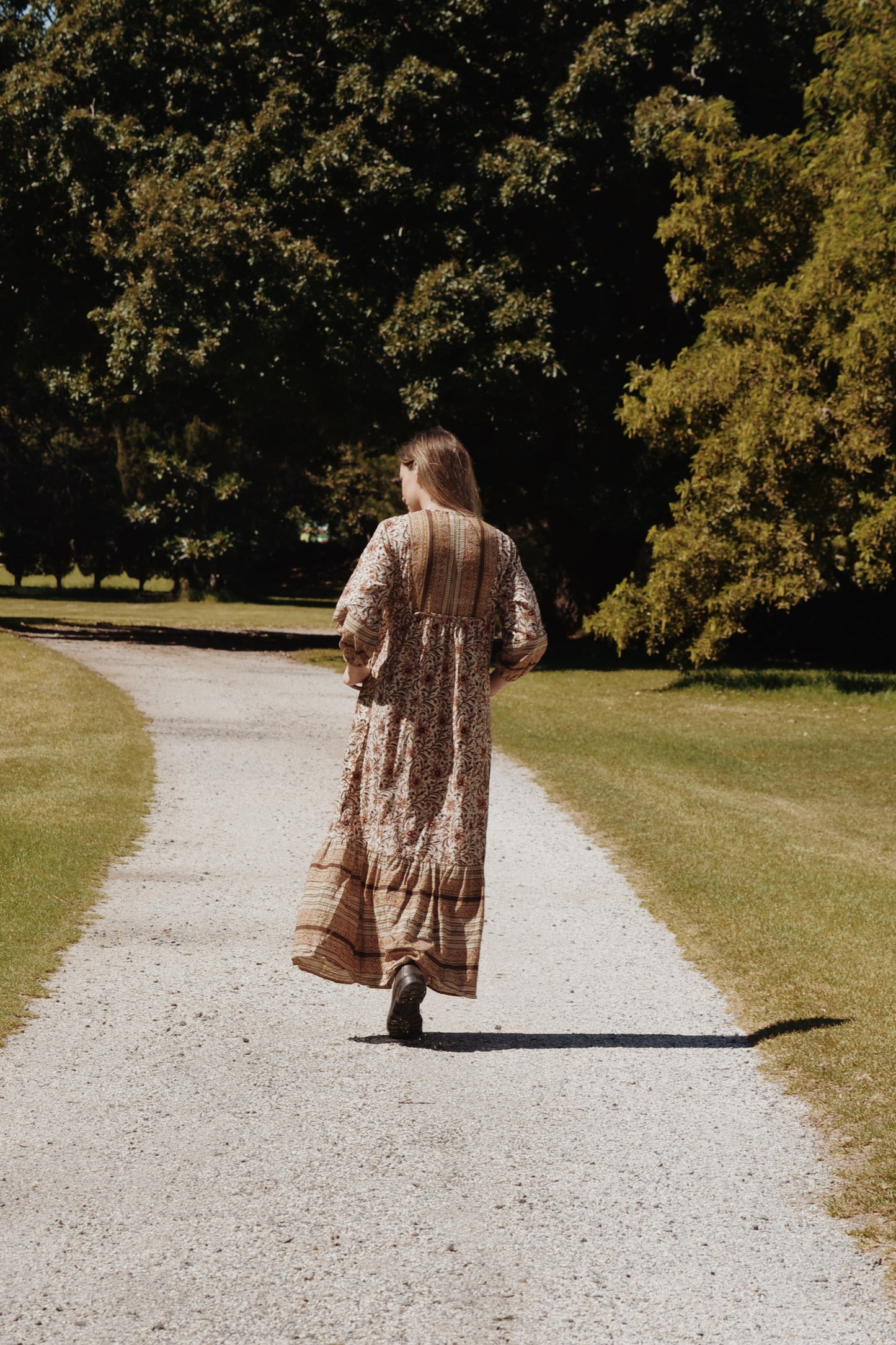 HENRI MAXI DRESS HAND BLOCKED EARTHY BROWN FLORAL