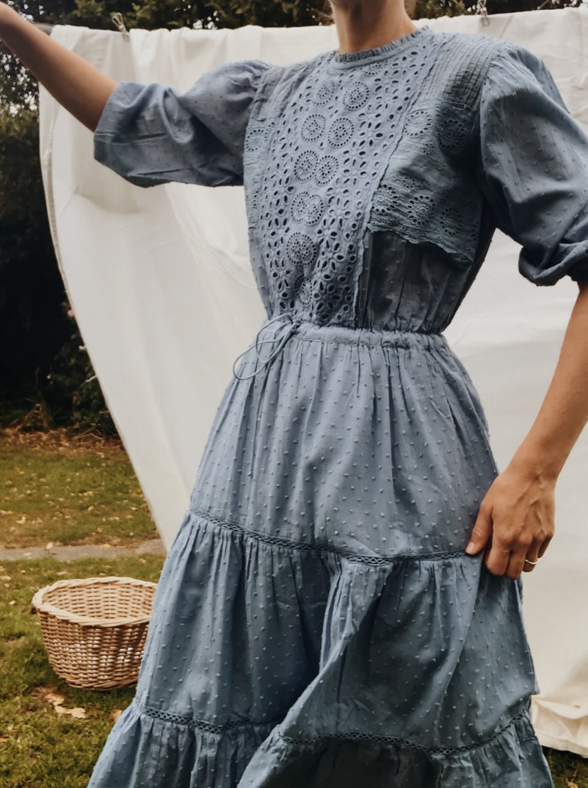 SAINSBURY COTTON LACE DRESS DUSTY BLUE