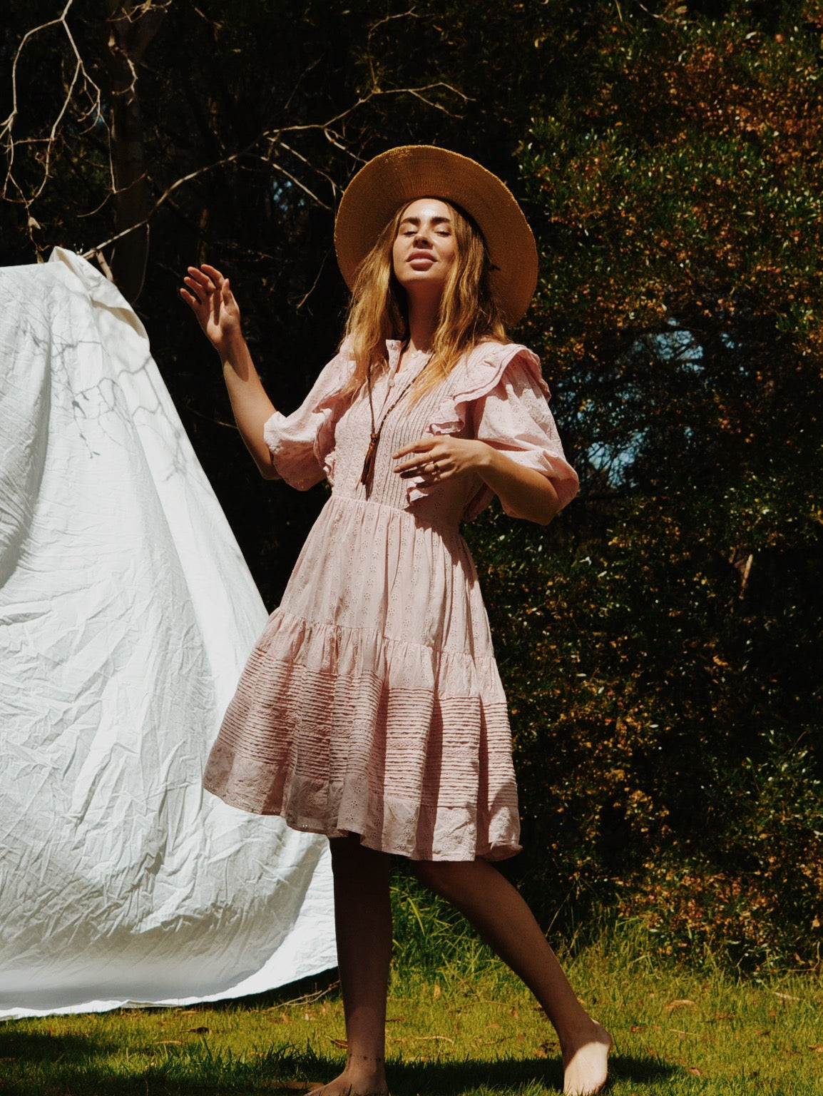 100% RECYCLED COTTON - CLEMENTINE BUTTON DOWN DRESS BABY PINK