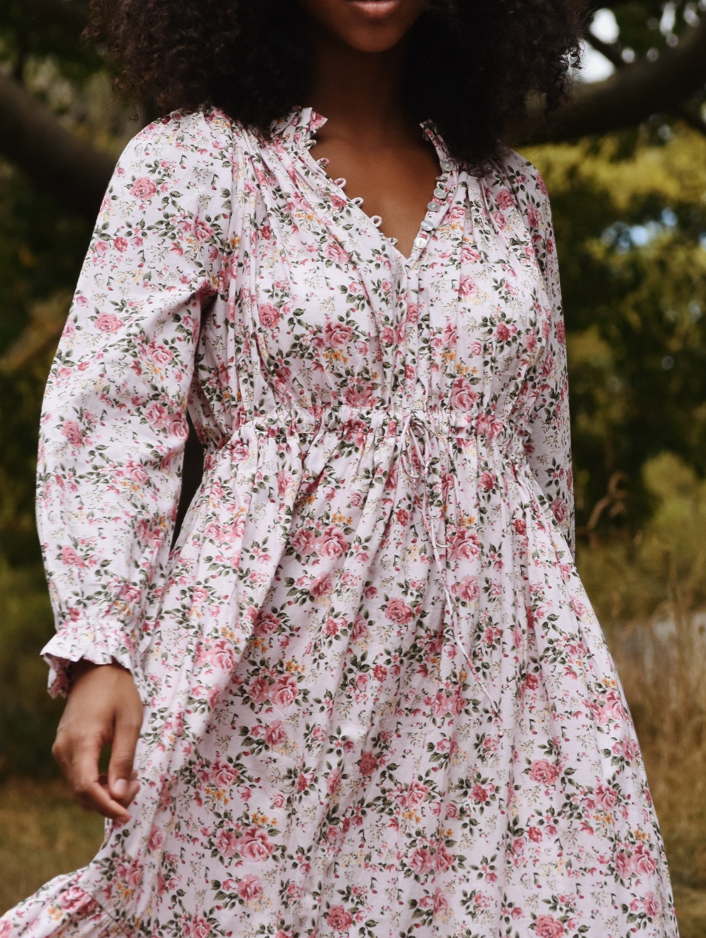 100% RECYCLED COTTON - PRAIRIE MAXI DRESS PINK ROSE FLORAL
