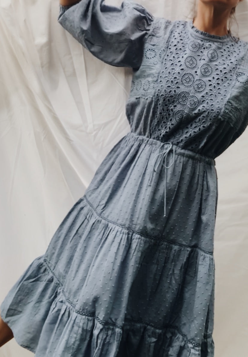 SAINSBURY COTTON LACE DRESS DUSTY BLUE