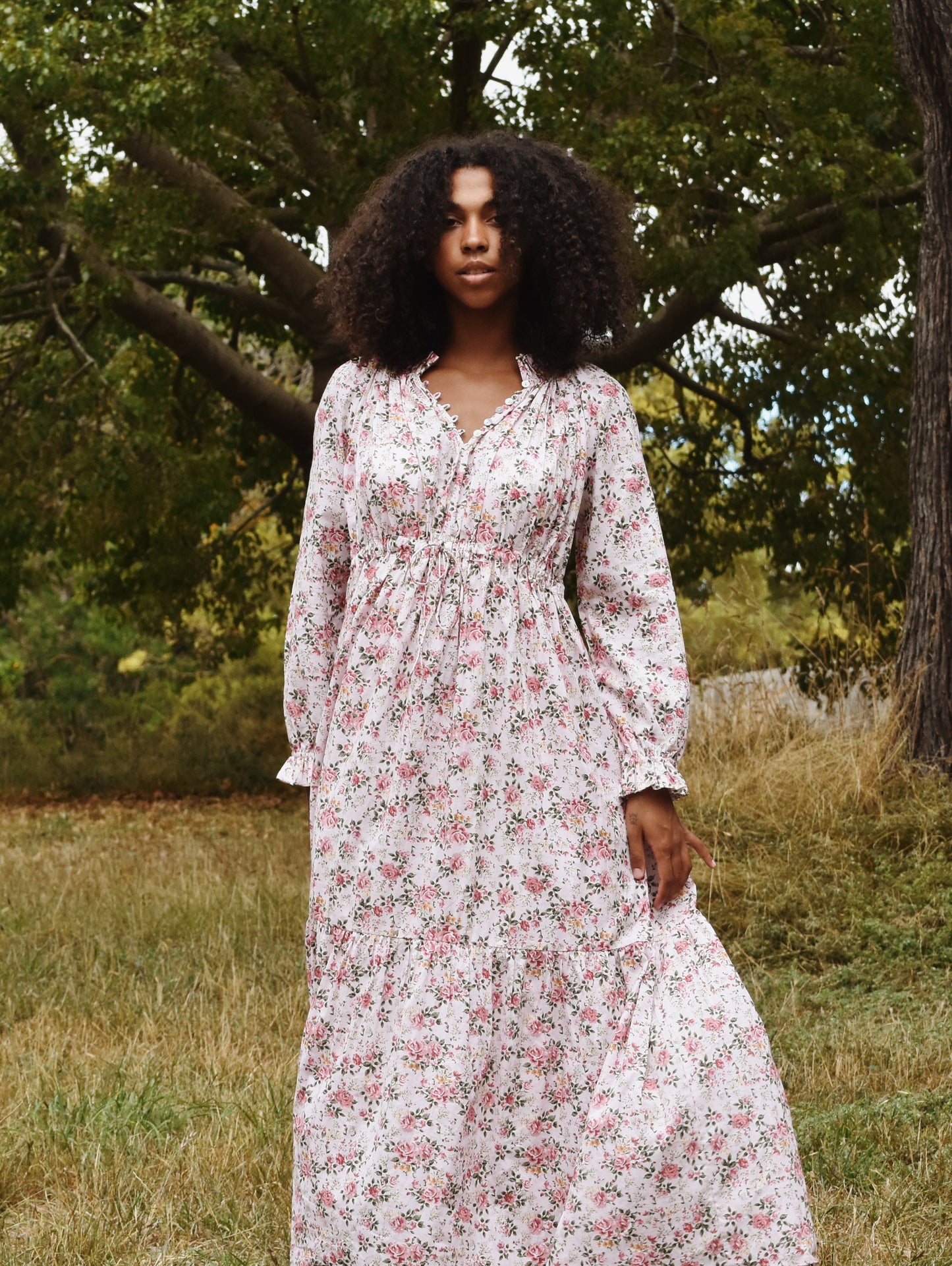 100% RECYCLED COTTON - PRAIRIE MAXI DRESS PINK ROSE FLORAL