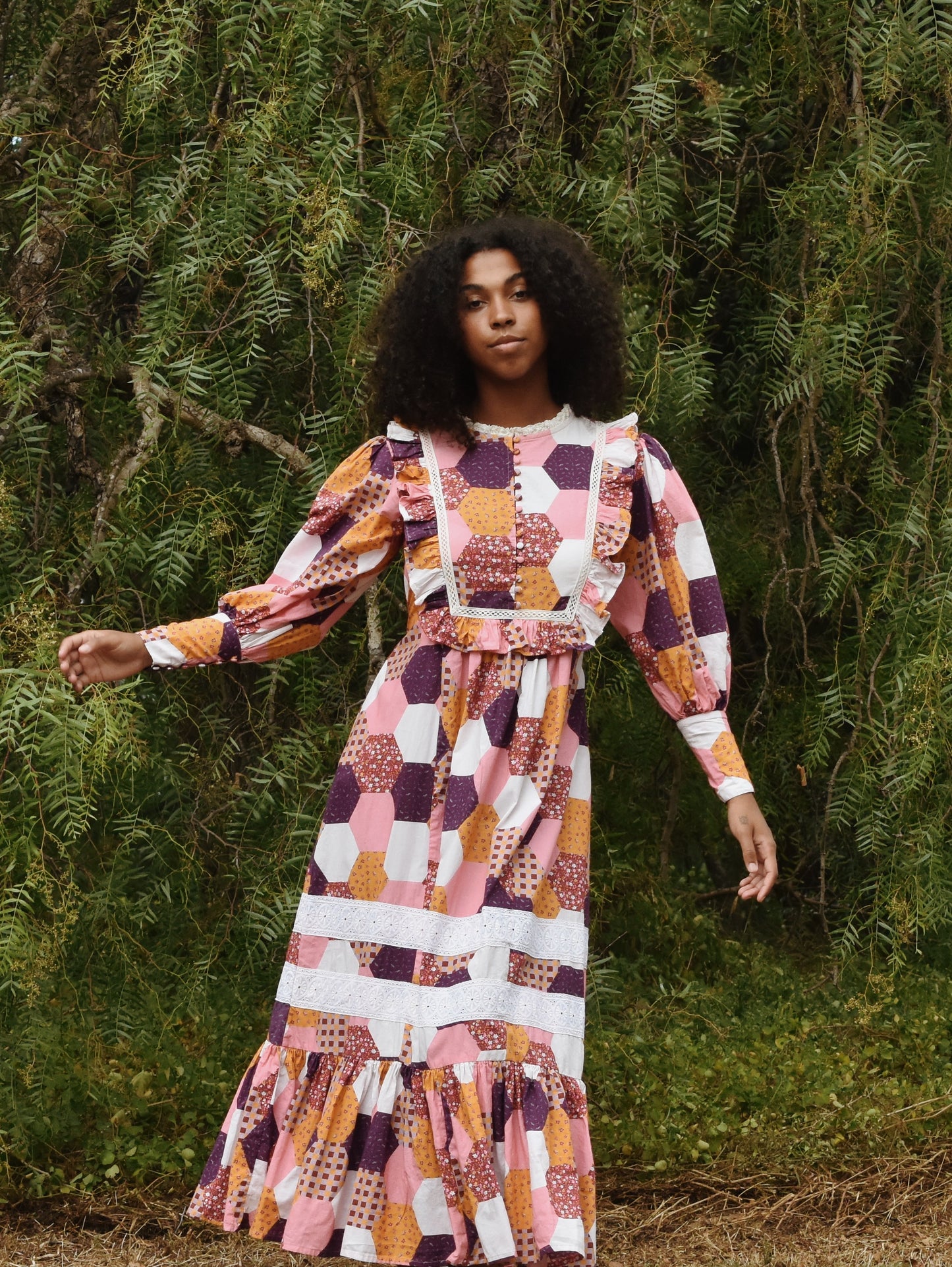 100% RECYCLED COTTON - CLARA DRESS HEXIE PATCHWORK PRINT