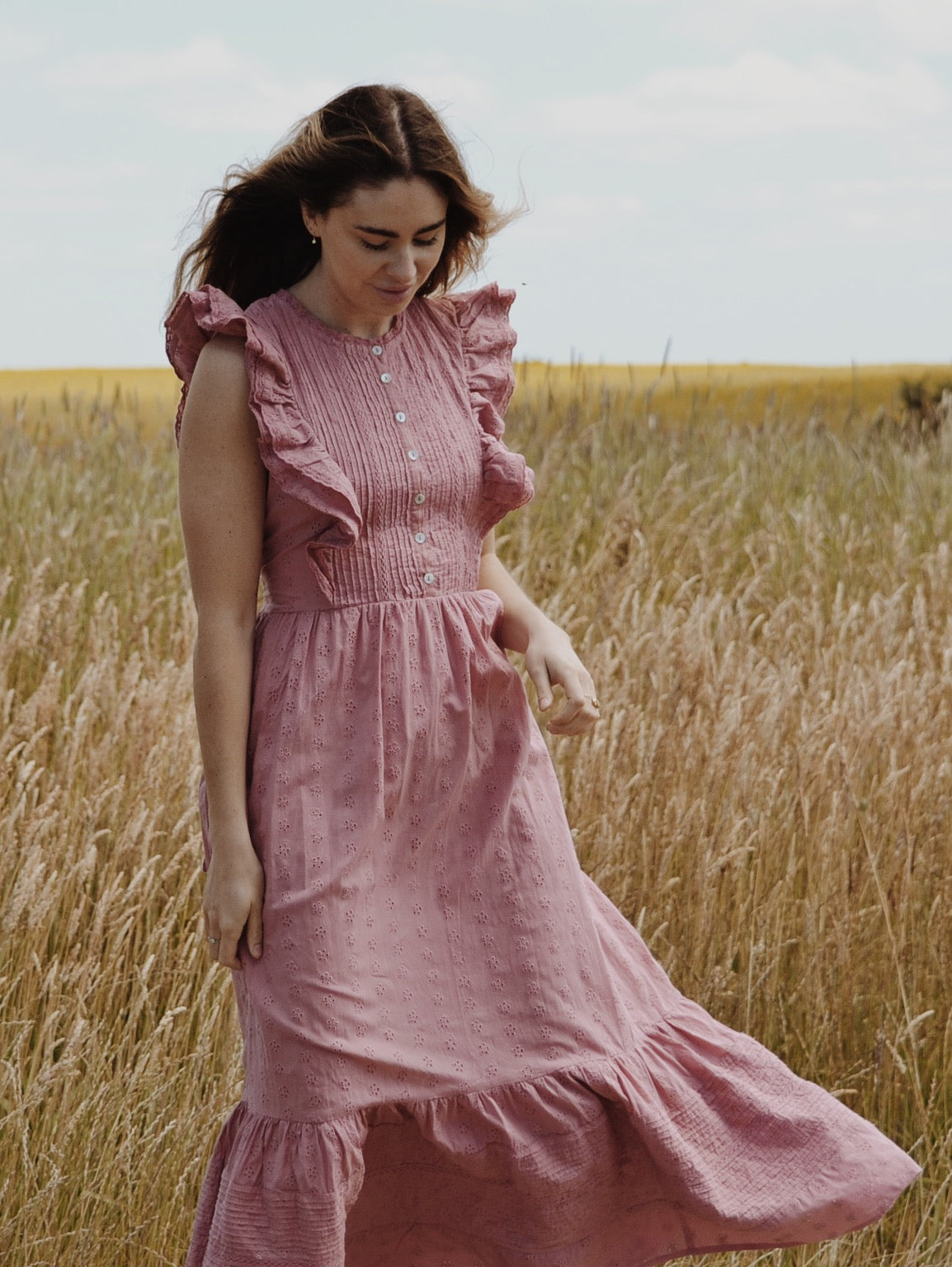 100% RECYCLED COTTON - ARLINGTON DRESS DUSTY PINK BUTTON THROUGH