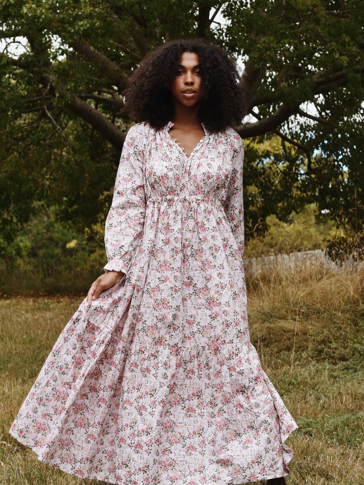 100% RECYCLED COTTON - PRAIRIE MAXI DRESS PINK ROSE FLORAL