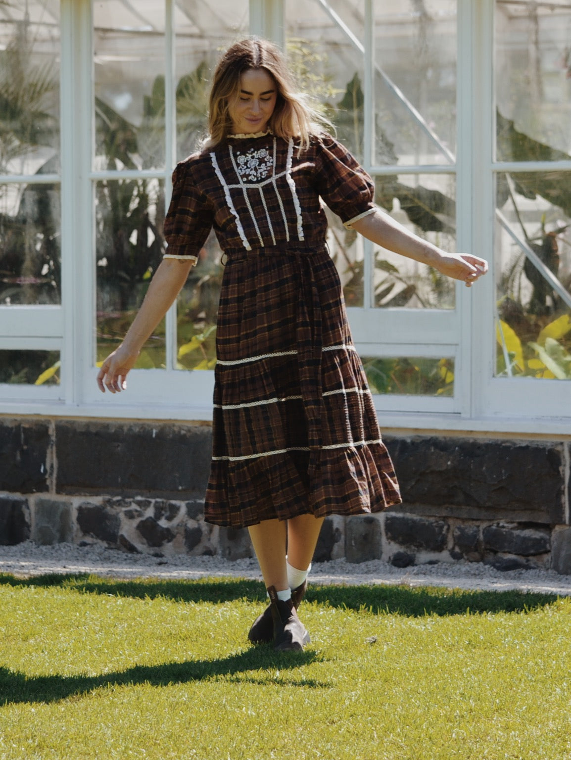 100% RECYCLED COTTON - PAULINA PLAID BROWN COTTON DRESS
