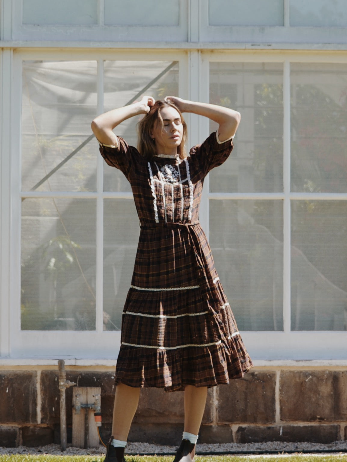 100% RECYCLED COTTON - PAULINA PLAID BROWN COTTON DRESS