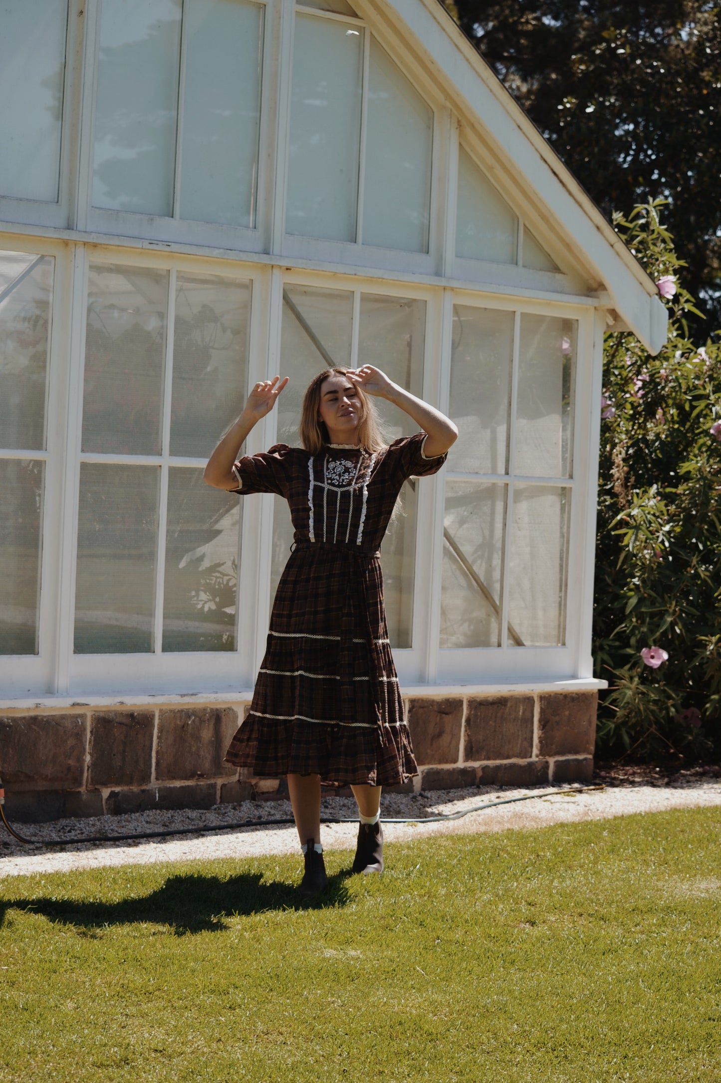 100% RECYCLED COTTON - PAULINA PLAID BROWN COTTON DRESS