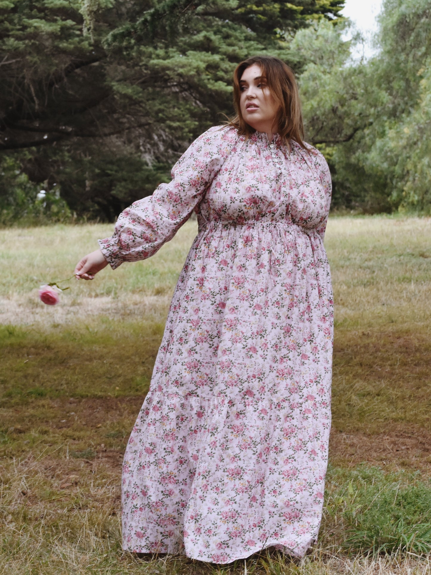 100% RECYCLED COTTON - PRAIRIE MAXI DRESS PINK ROSE FLORAL