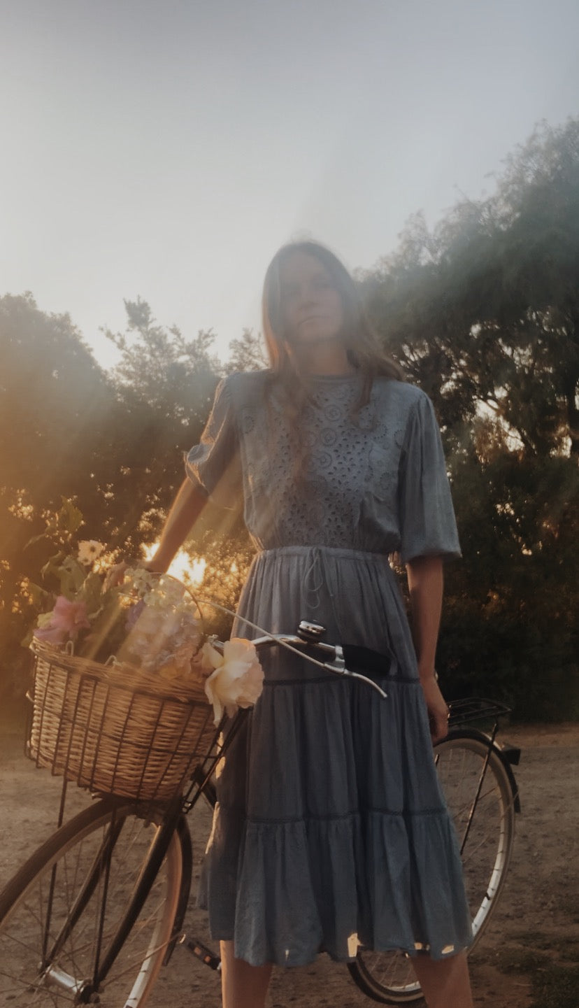 SAINSBURY COTTON LACE DRESS DUSTY BLUE