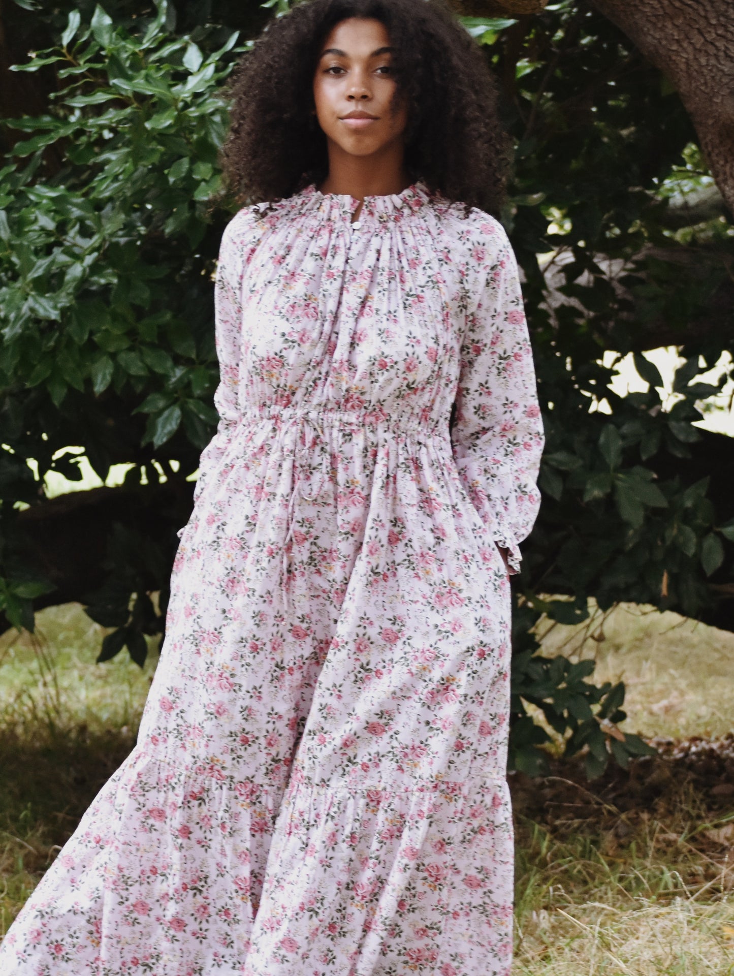 100% RECYCLED COTTON - PRAIRIE MAXI DRESS PINK ROSE FLORAL