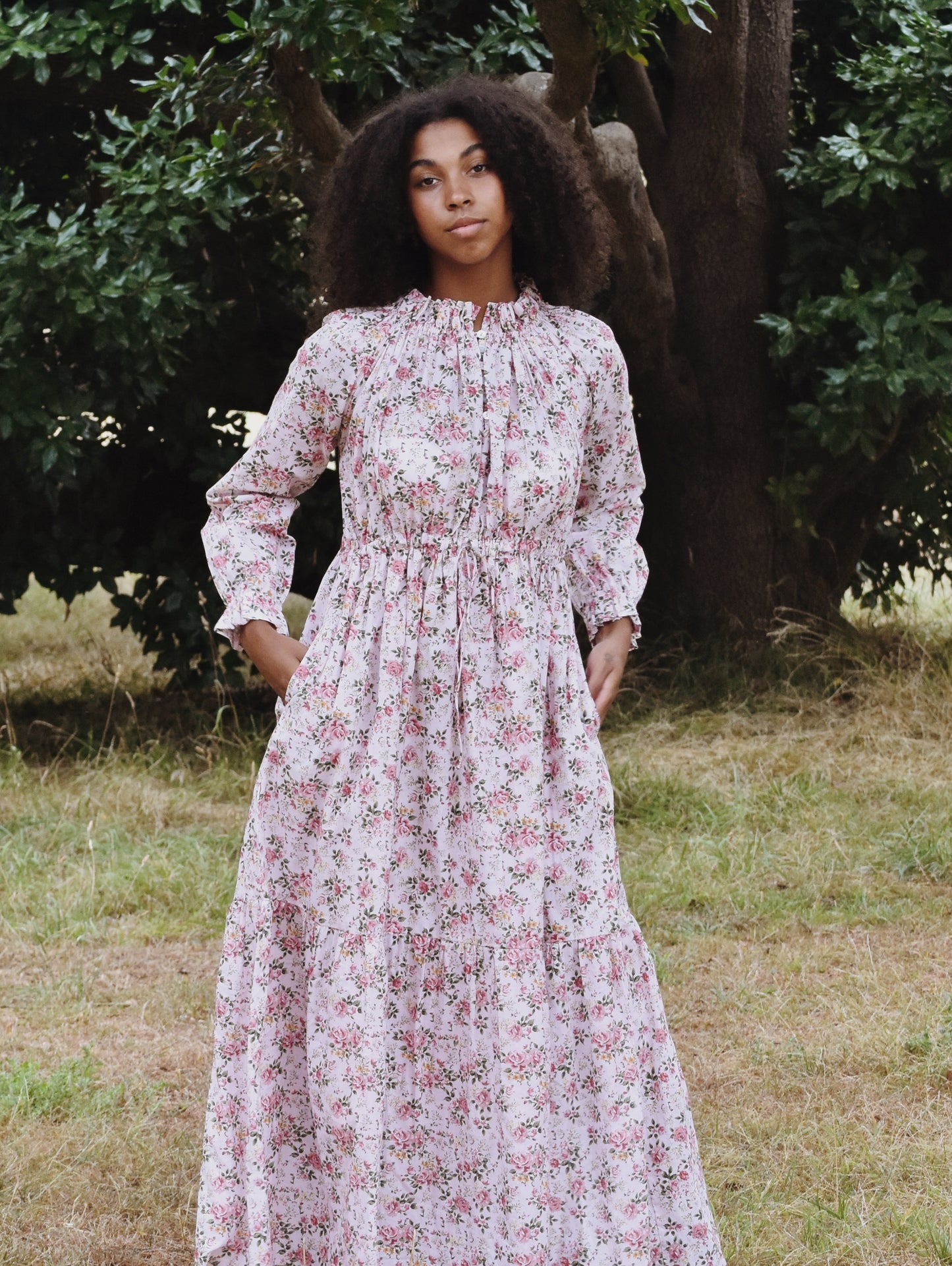 100% RECYCLED COTTON - PRAIRIE MAXI DRESS PINK ROSE FLORAL