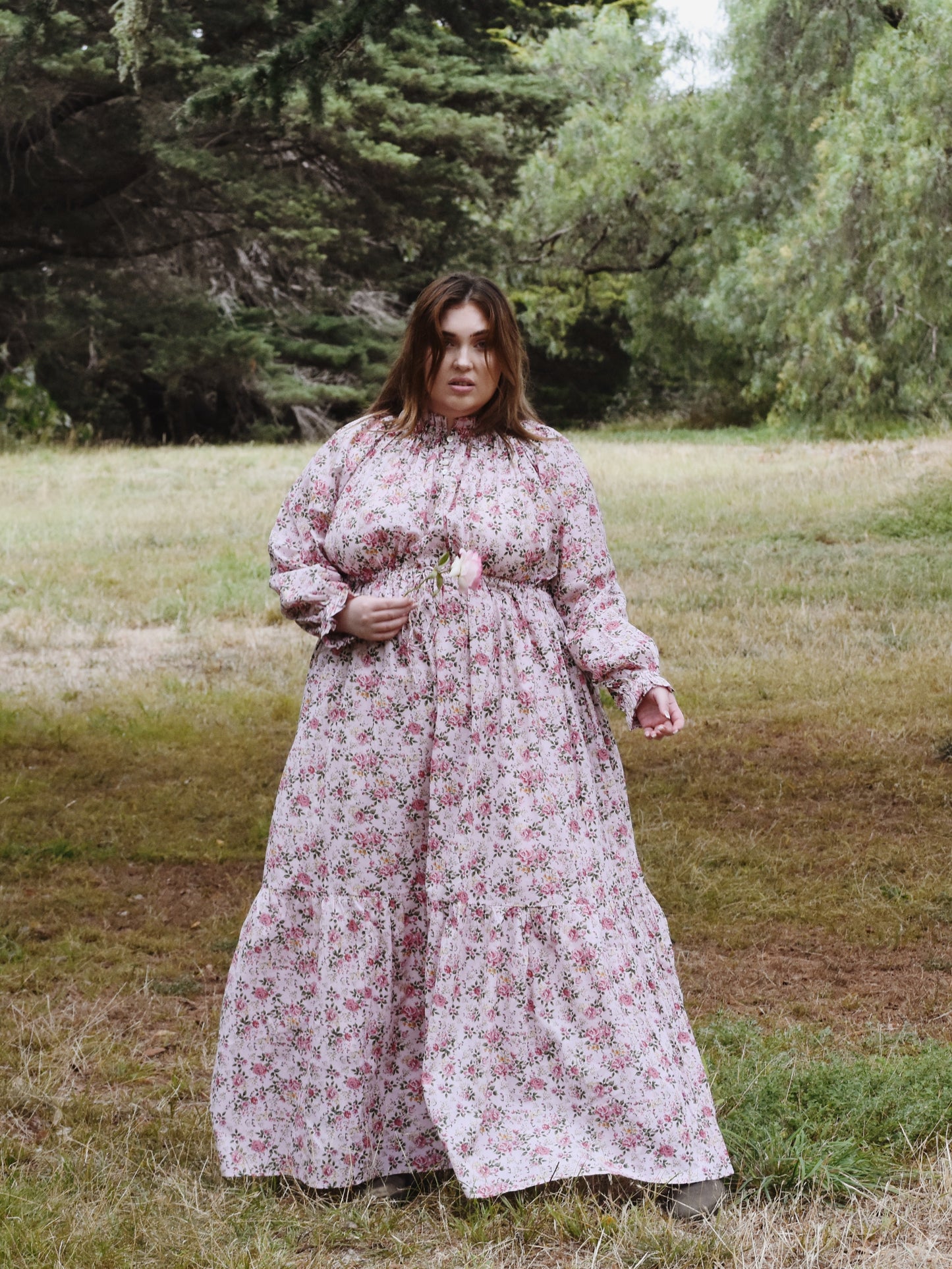 100% RECYCLED COTTON - PRAIRIE MAXI DRESS PINK ROSE FLORAL