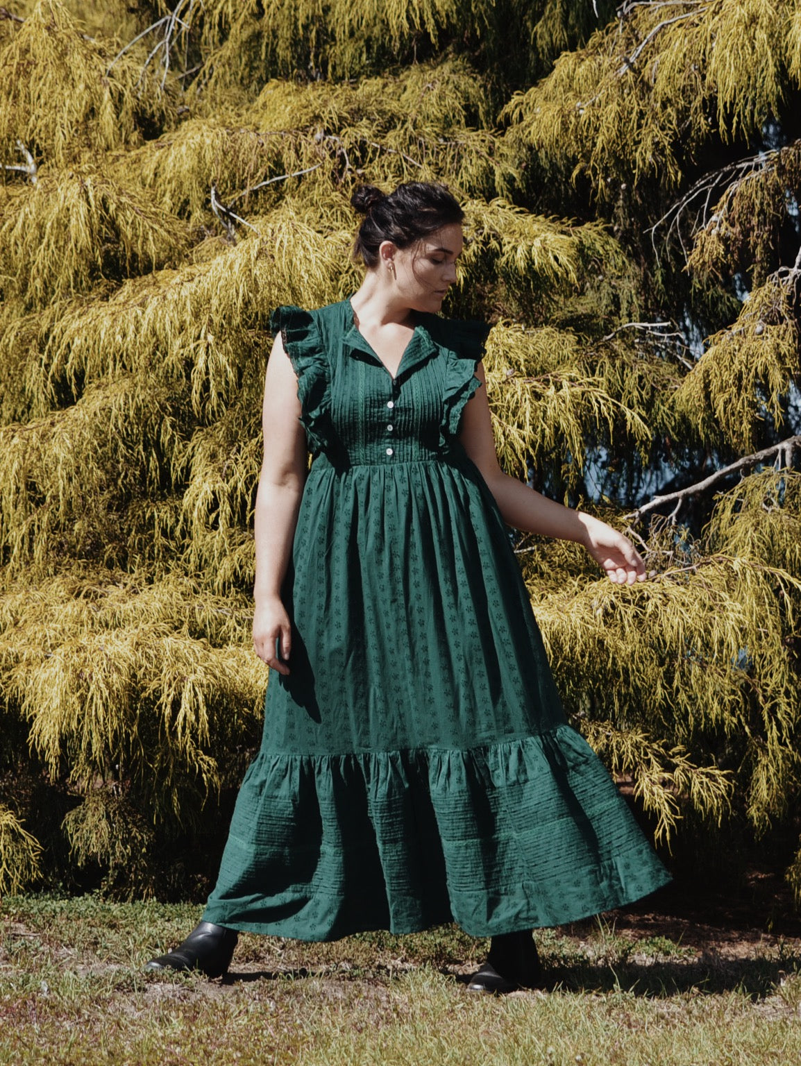 100% RECYCLED COTTON - ARLINGTON DRESS FOREST GREEN BUTTON THROUGH