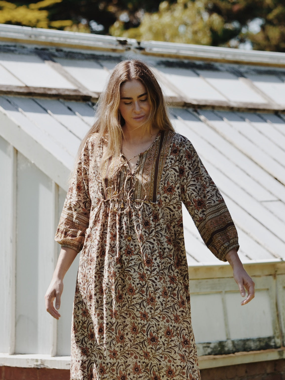 HENRI MAXI DRESS HAND BLOCKED EARTHY BROWN FLORAL