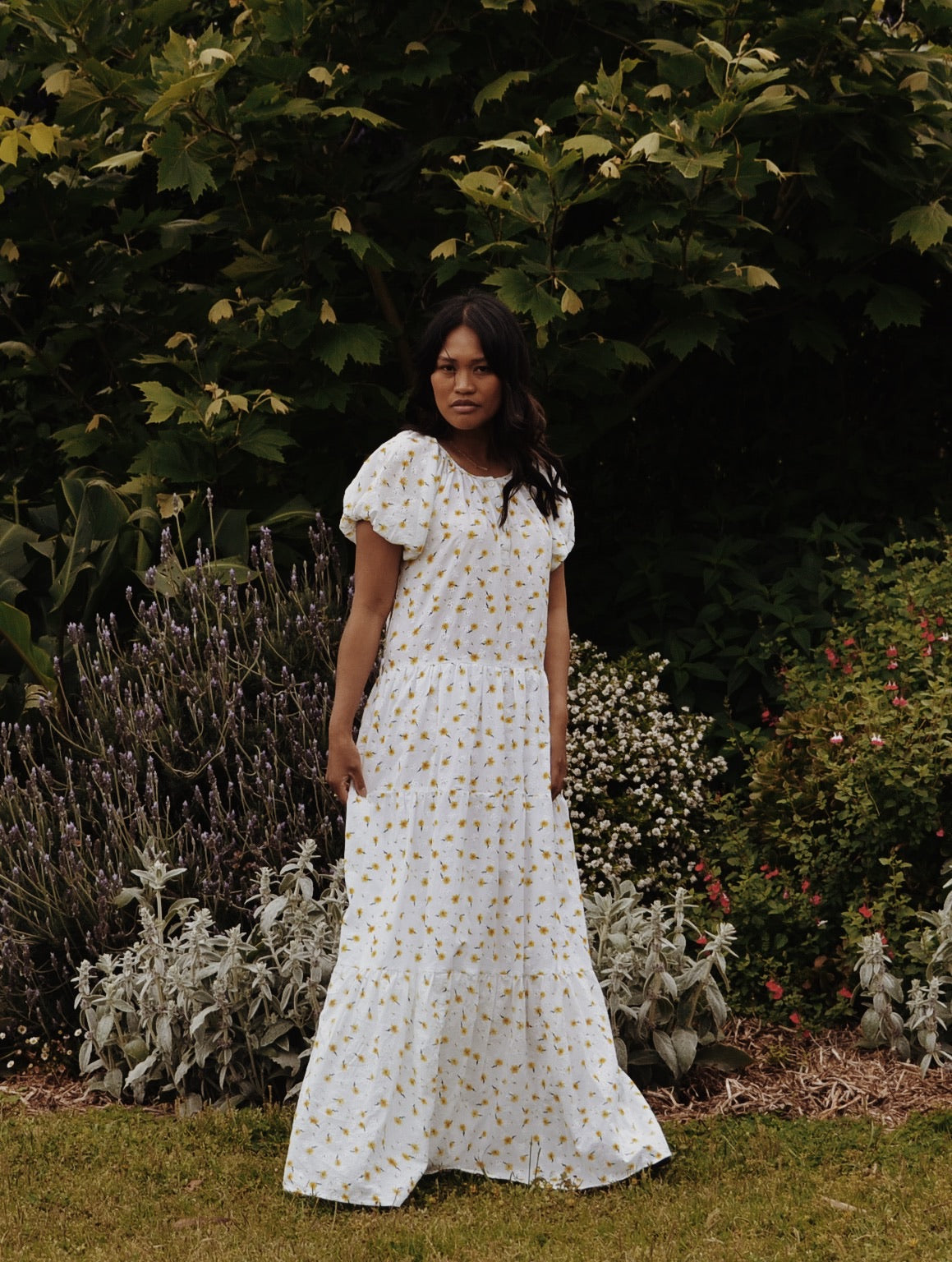 100% RECYCLED COTTON - DELPHINIUM MAXI DRESS WHITE DAISY FLORAL