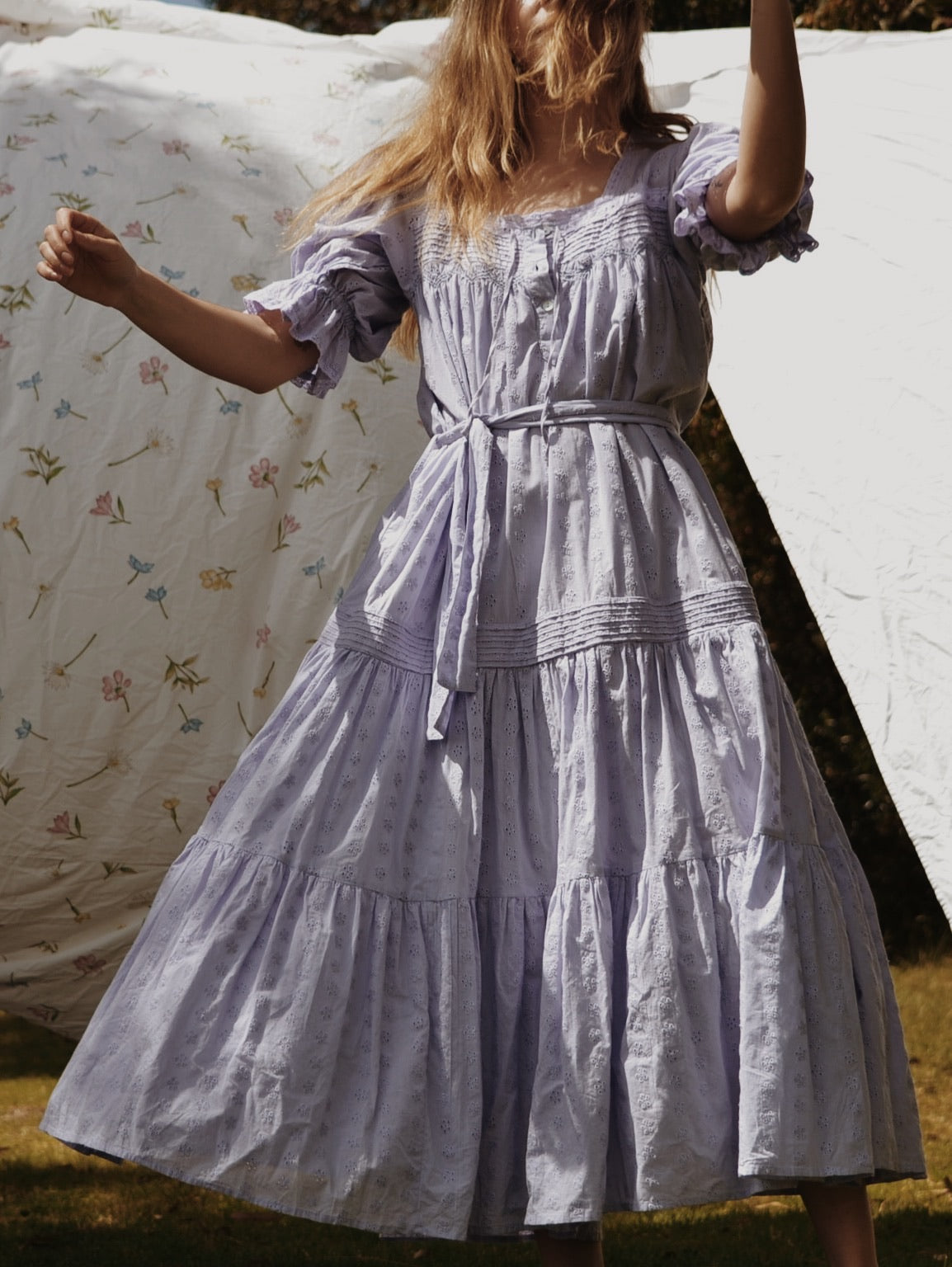 100% RECYCLED COTTON - MORNING SONG HAND SMOCKED TIERED MAXI DRESS - LAVENDER